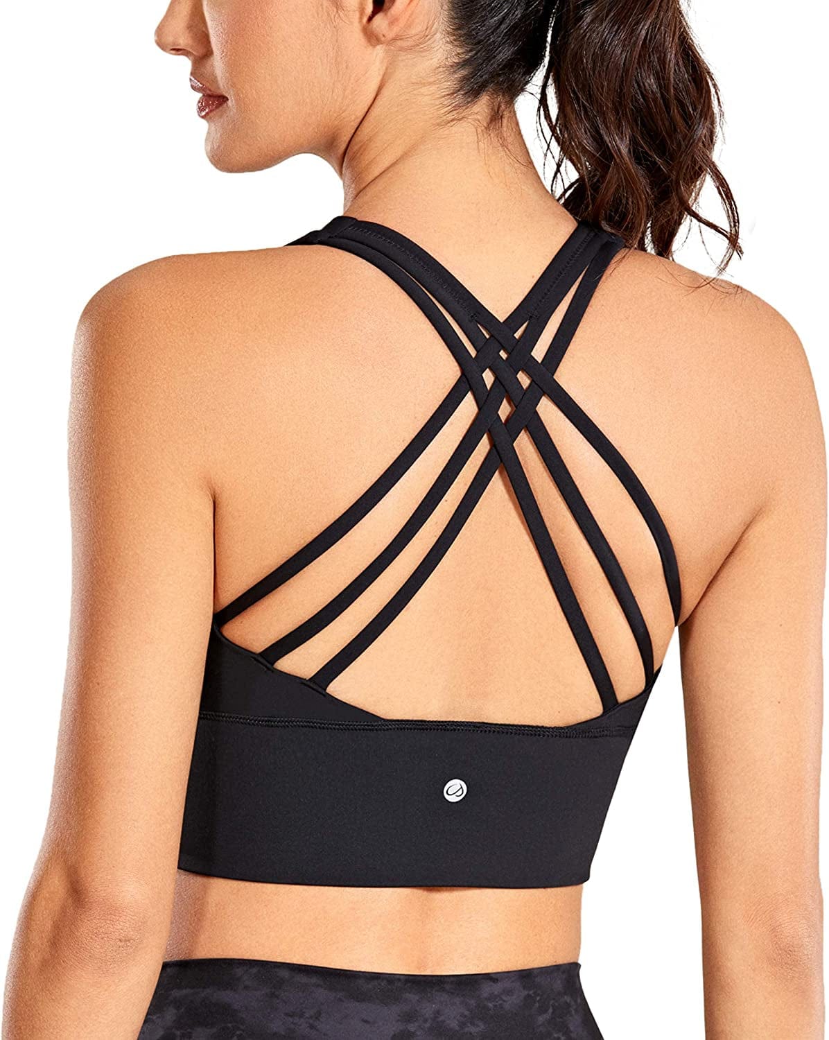 CRZ YOGA Strappy Longline Sports Bras for Women - Wirefree Padded Criss Cross Yoga Bras Cropped Tank Tops Black / Medium