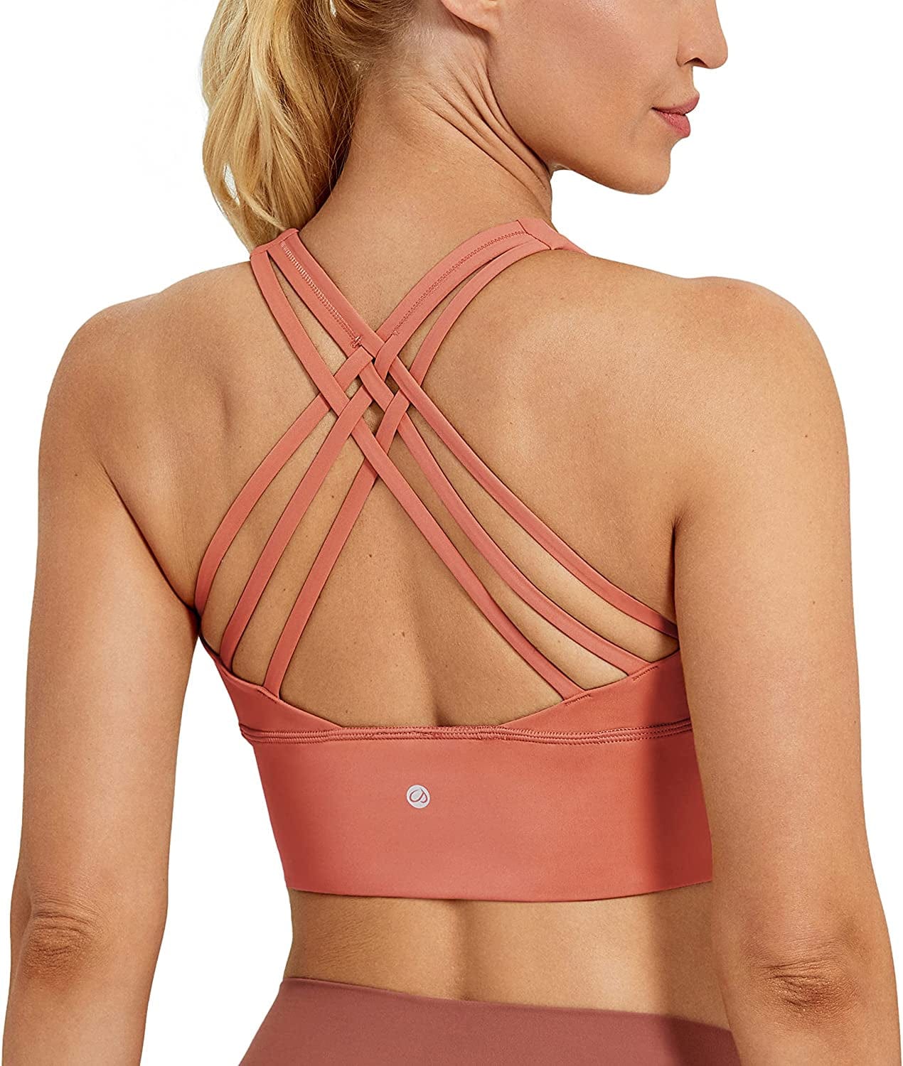 CRZ YOGA Strappy Longline Sports Bras for Women - Wirefree Padded Criss Cross Yoga Bras Cropped Tank Tops Burnt Sugar / Small