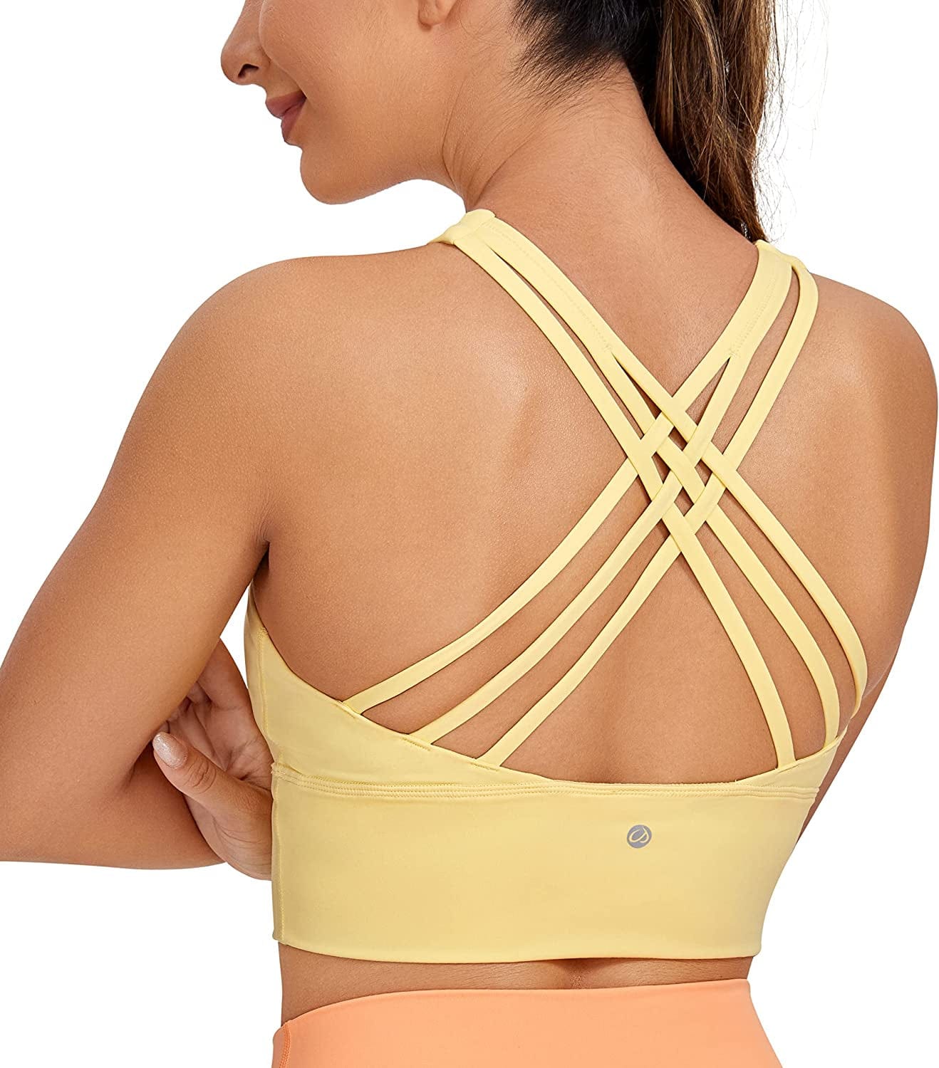 CRZ YOGA Strappy Longline Sports Bras for Women - Wirefree Padded Criss Cross Yoga Bras Cropped Tank Tops Lemon Vibe / Small