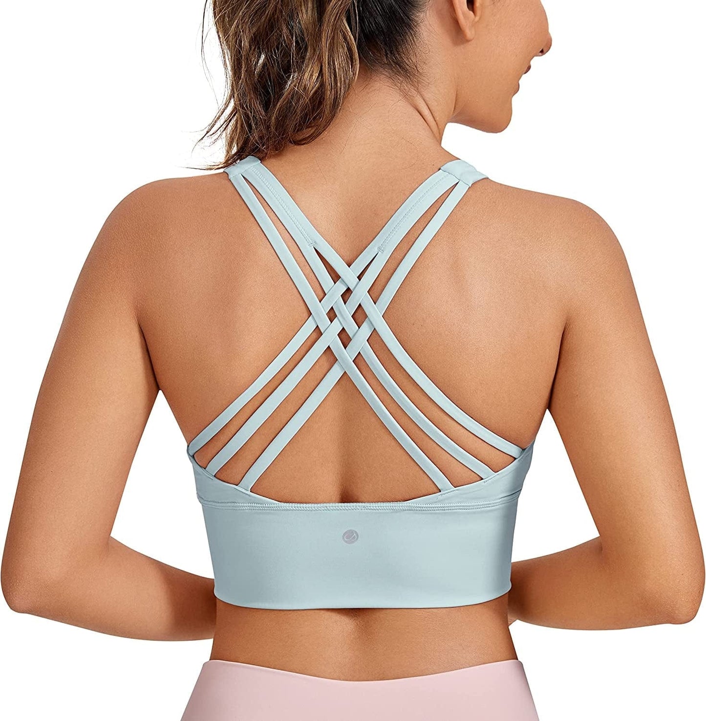 CRZ YOGA Strappy Longline Sports Bras for Women - Wirefree Padded Criss Cross Yoga Bras Cropped Tank Tops Light Grayish Blue / X-Large