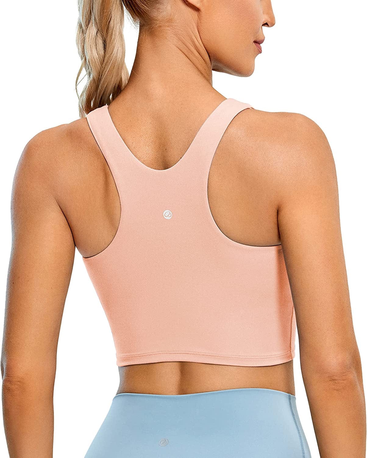 CRZ YOGA Women'S High Neck Longline Sports Bra - Padded Racerback Yoga Bra Crop Tank Top with Built in Shelf Bra Misty Rose / Large