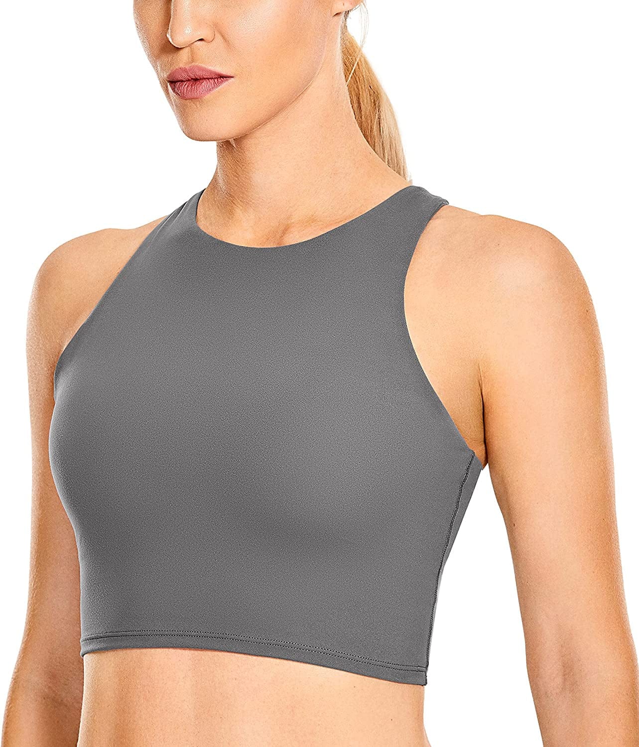 CRZ YOGA Women'S High Neck Longline Sports Bra - Padded Racerback Yoga Bra Crop Tank Top with Built in Shelf Bra Dark Carbon / X-Large