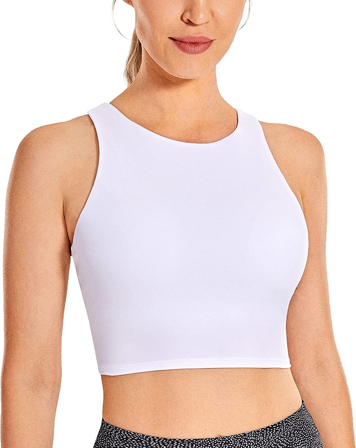 CRZ YOGA Women'S High Neck Longline Sports Bra - Padded Racerback Yoga Bra Crop Tank Top with Built in Shelf Bra White / Medium