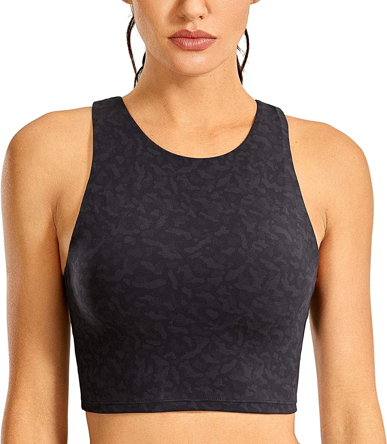 CRZ YOGA Women'S High Neck Longline Sports Bra - Padded Racerback Yoga Bra Crop Tank Top with Built in Shelf Bra Olive Leopard Grain / Medium