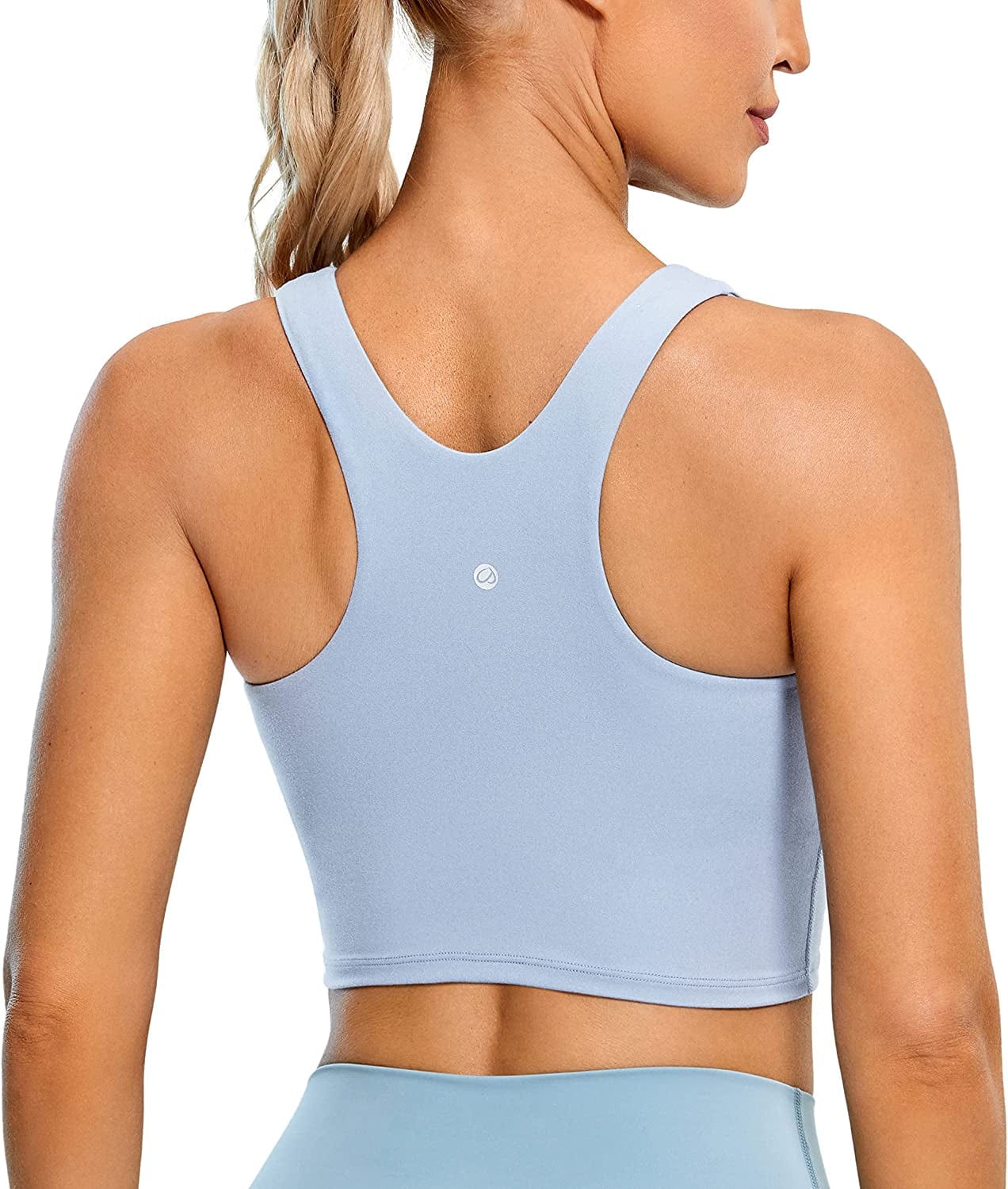 CRZ YOGA Women'S High Neck Longline Sports Bra - Padded Racerback Yoga Bra Crop Tank Top with Built in Shelf Bra The Breeze Blue / Small
