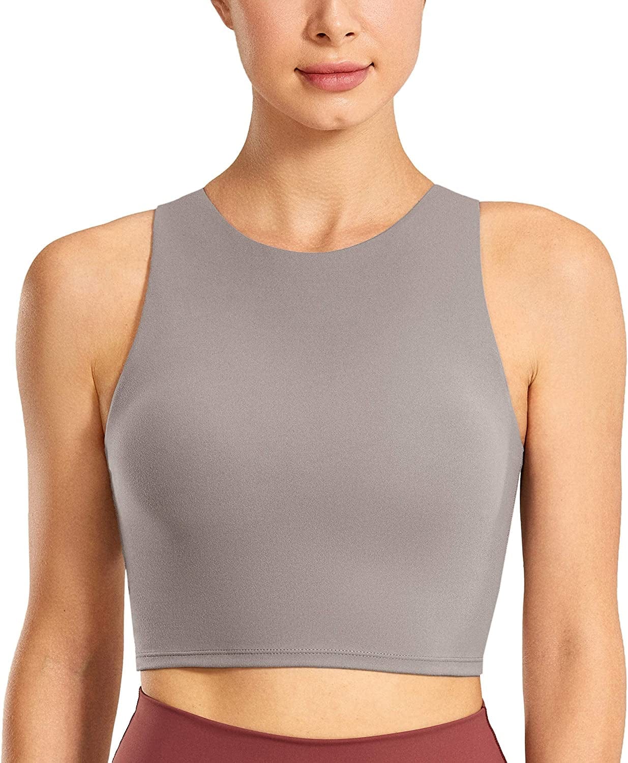 CRZ YOGA Women'S High Neck Longline Sports Bra - Padded Racerback Yoga Bra Crop Tank Top with Built in Shelf Bra Lunar Rock / X-Large