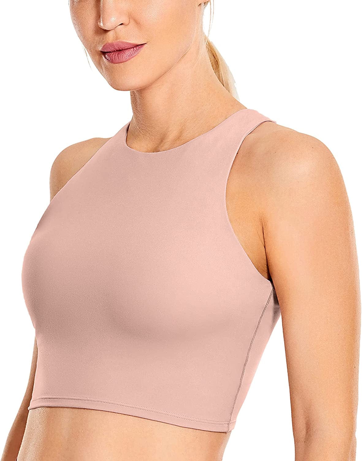 CRZ YOGA Women'S High Neck Longline Sports Bra - Padded Racerback Yoga Bra Crop Tank Top with Built in Shelf Bra Rose Lavender / X-Large