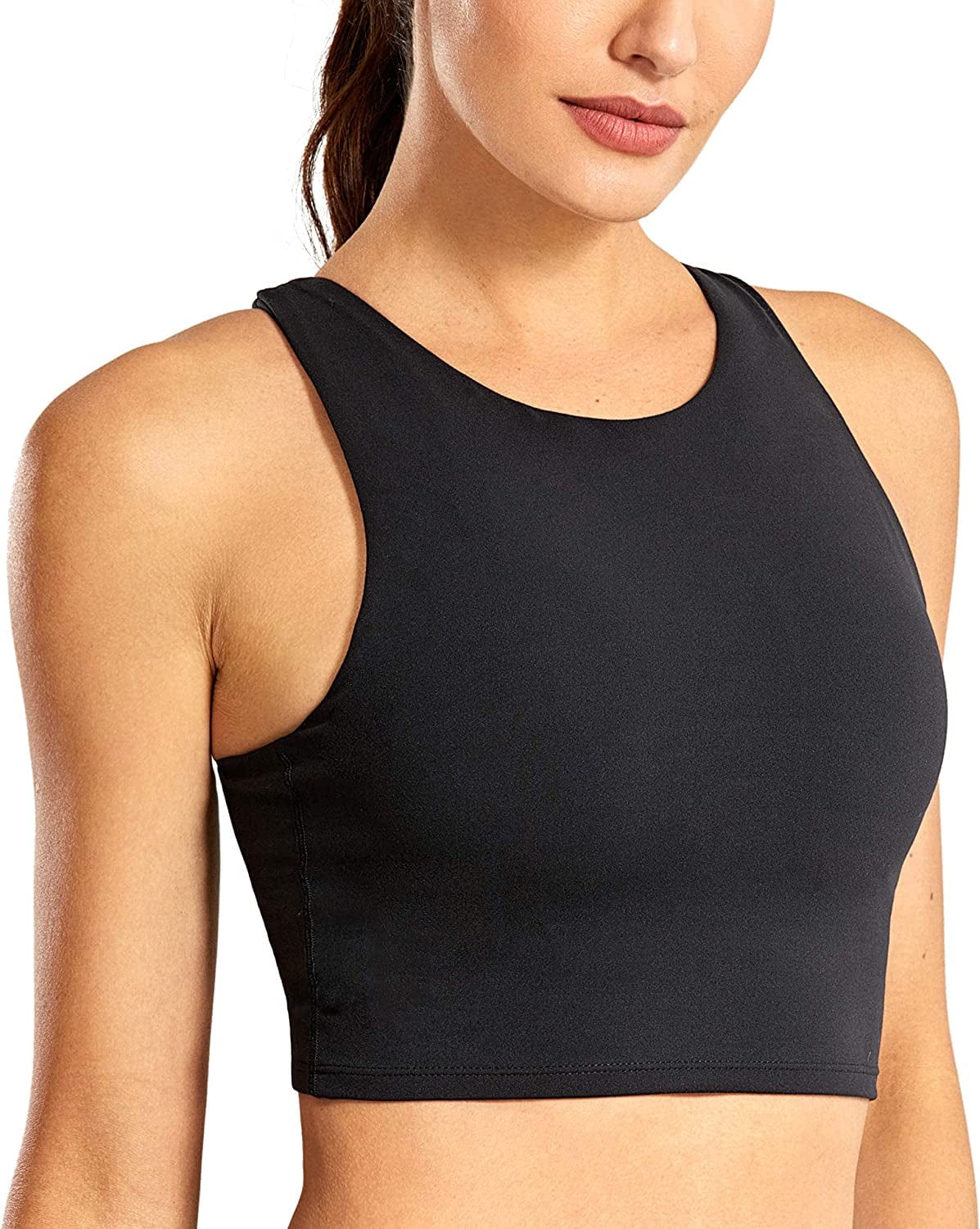 CRZ YOGA Women'S High Neck Longline Sports Bra - Padded Racerback Yoga Bra Crop Tank Top with Built in Shelf Bra Black / Small