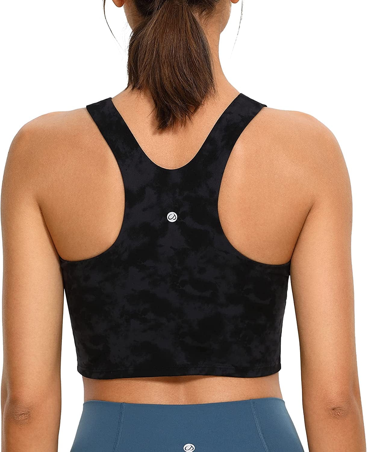 CRZ YOGA Women'S High Neck Longline Sports Bra - Padded Racerback Yoga Bra Crop Tank Top with Built in Shelf Bra Tie Dye Smoke Ink / X-Large
