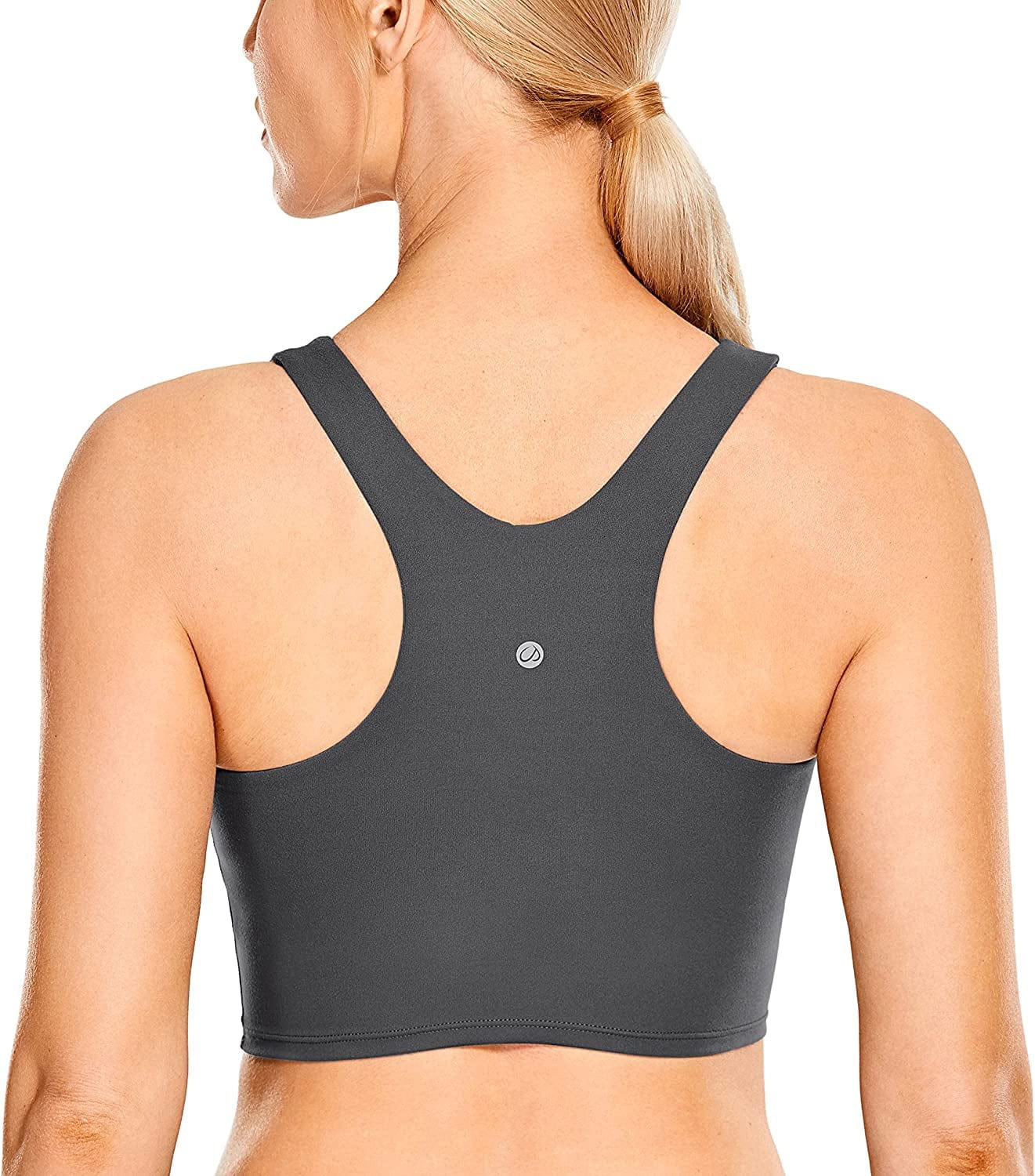 CRZ YOGA Women'S High Neck Longline Sports Bra - Padded Racerback Yoga Bra Crop Tank Top with Built in Shelf Bra Ink Gray / Small