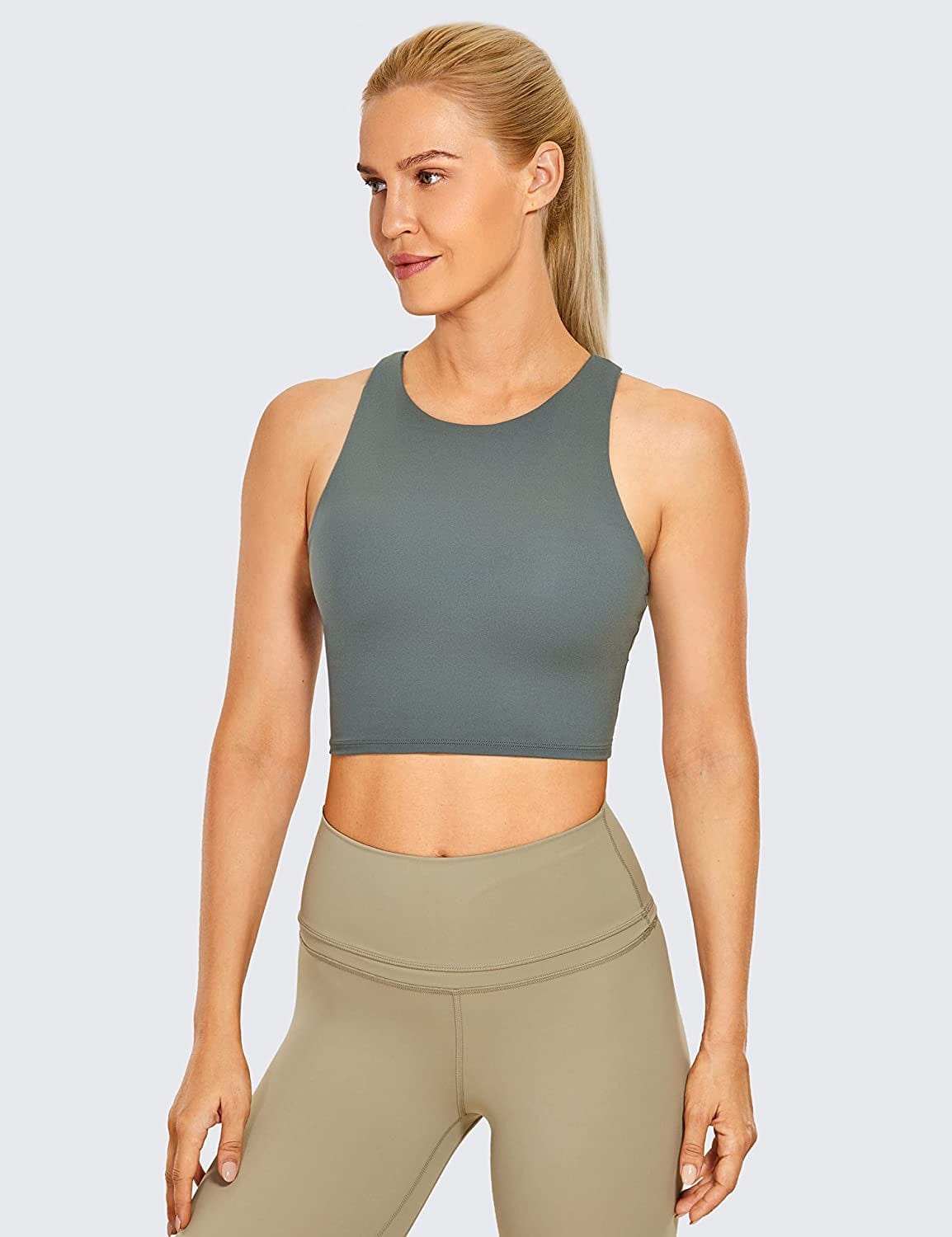 CRZ YOGA Women'S High Neck Longline Sports Bra - Padded Racerback Yoga Bra Crop Tank Top with Built in Shelf Bra