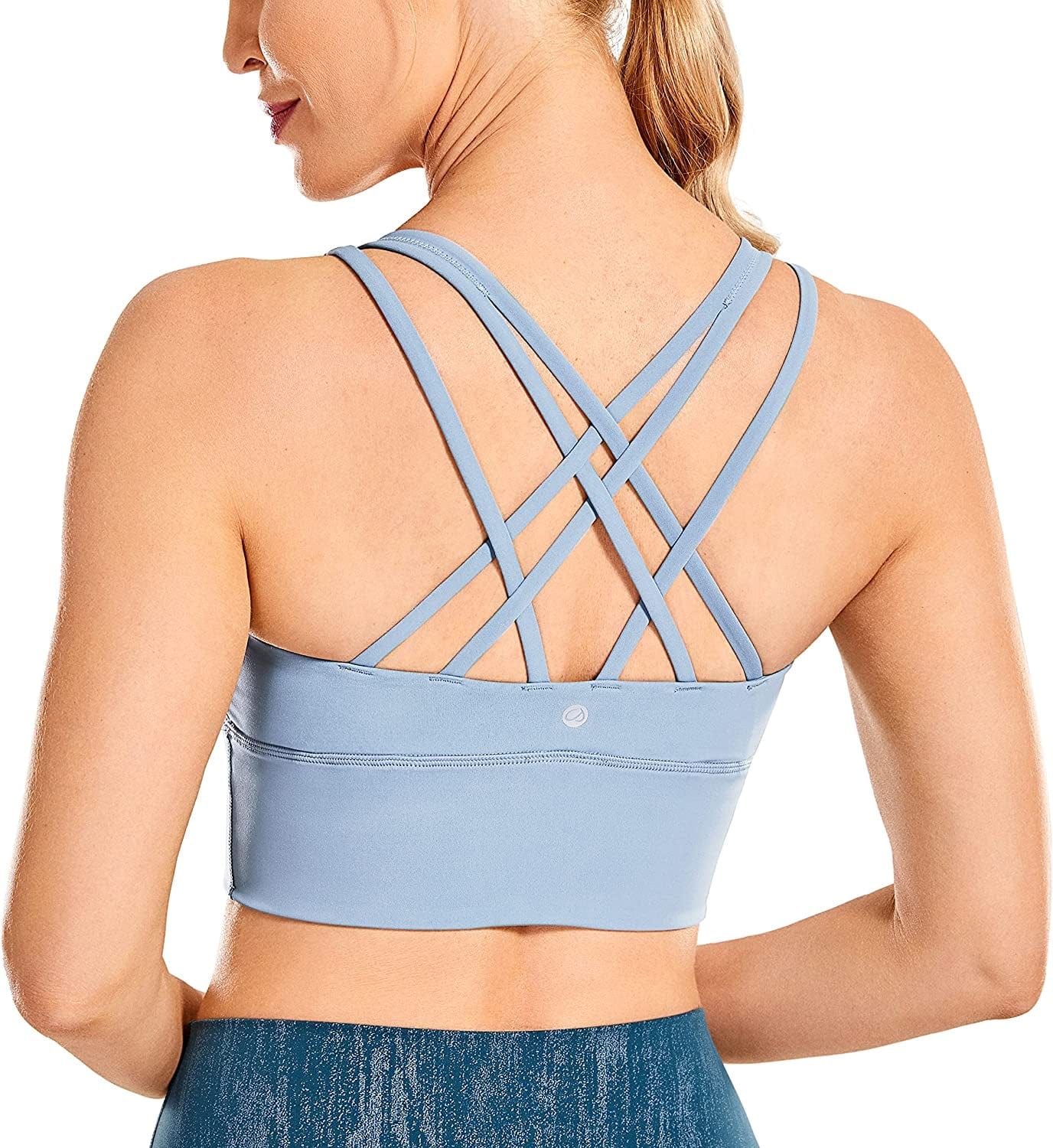CRZ YOGA Women'S Strappy Longline Sports Bras - Wirefree Padded Medium Impact Workout Crop Tank Top The Breeze Blue / Small