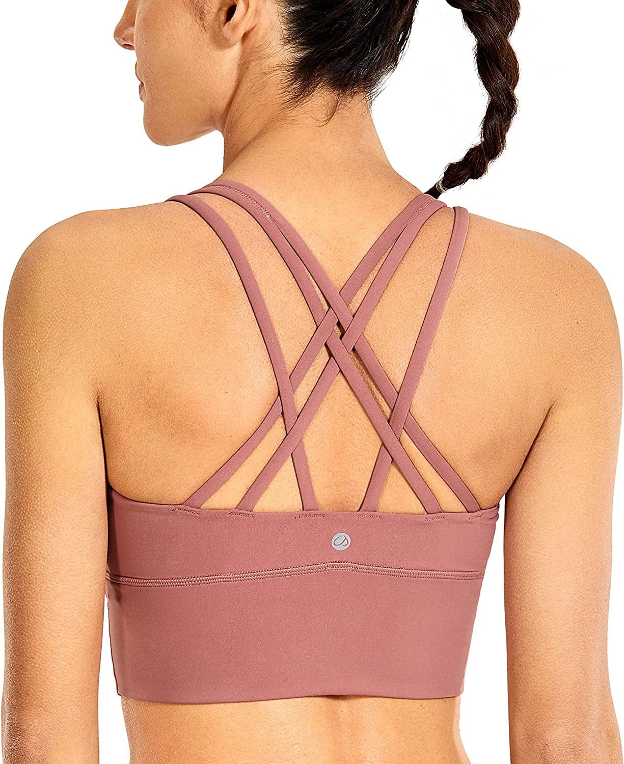 CRZ YOGA Women'S Strappy Longline Sports Bras - Wirefree Padded Medium Impact Workout Crop Tank Top Light Reddish Brown / Small