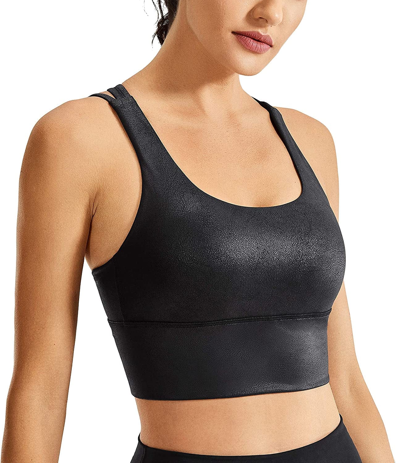 CRZ YOGA Women'S Strappy Longline Sports Bras - Wirefree Padded Medium Impact Workout Crop Tank Top