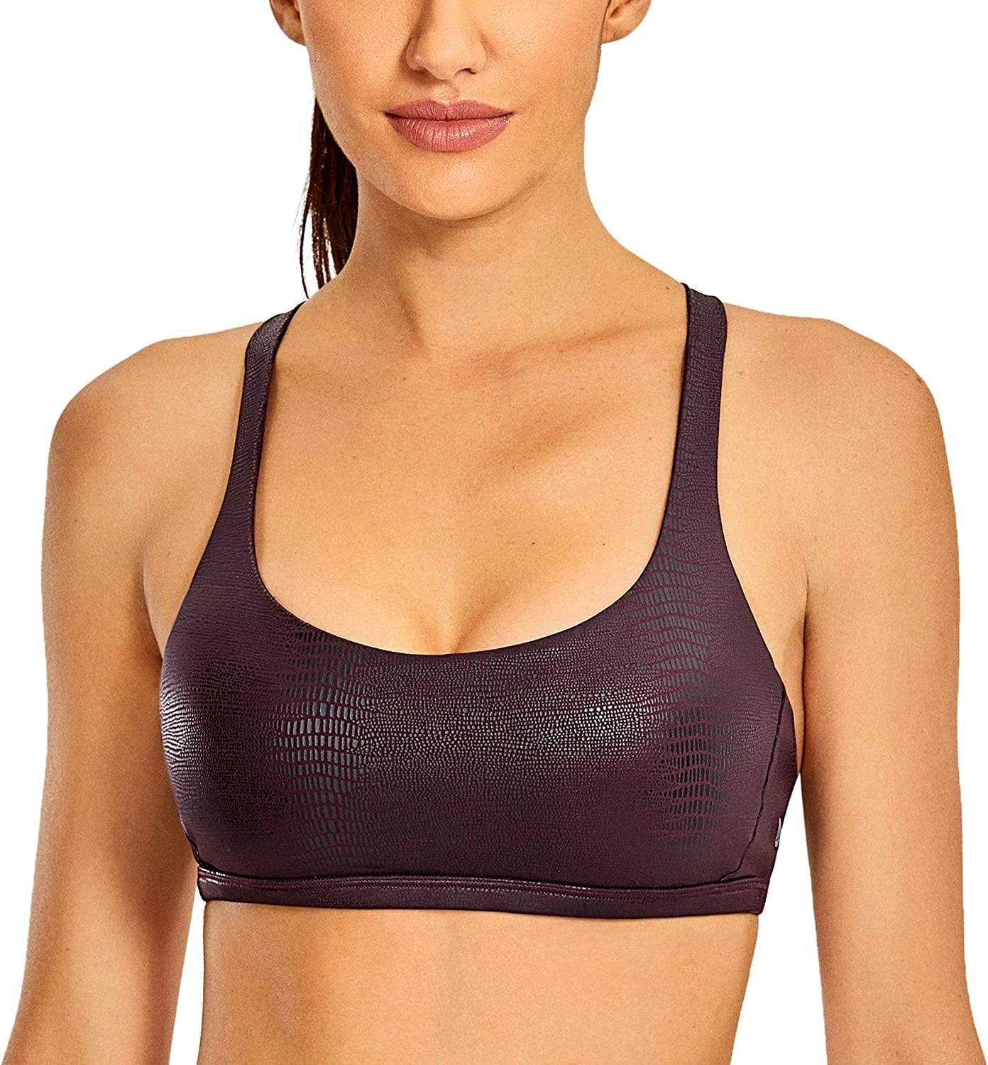 CRZ YOGA Women'S Strappy Sports Bra - Criss Cross Back Padded Low Impact Sexy Cute Workout Yoga Bra Faux Leather- Dark Russet Lizard / Large