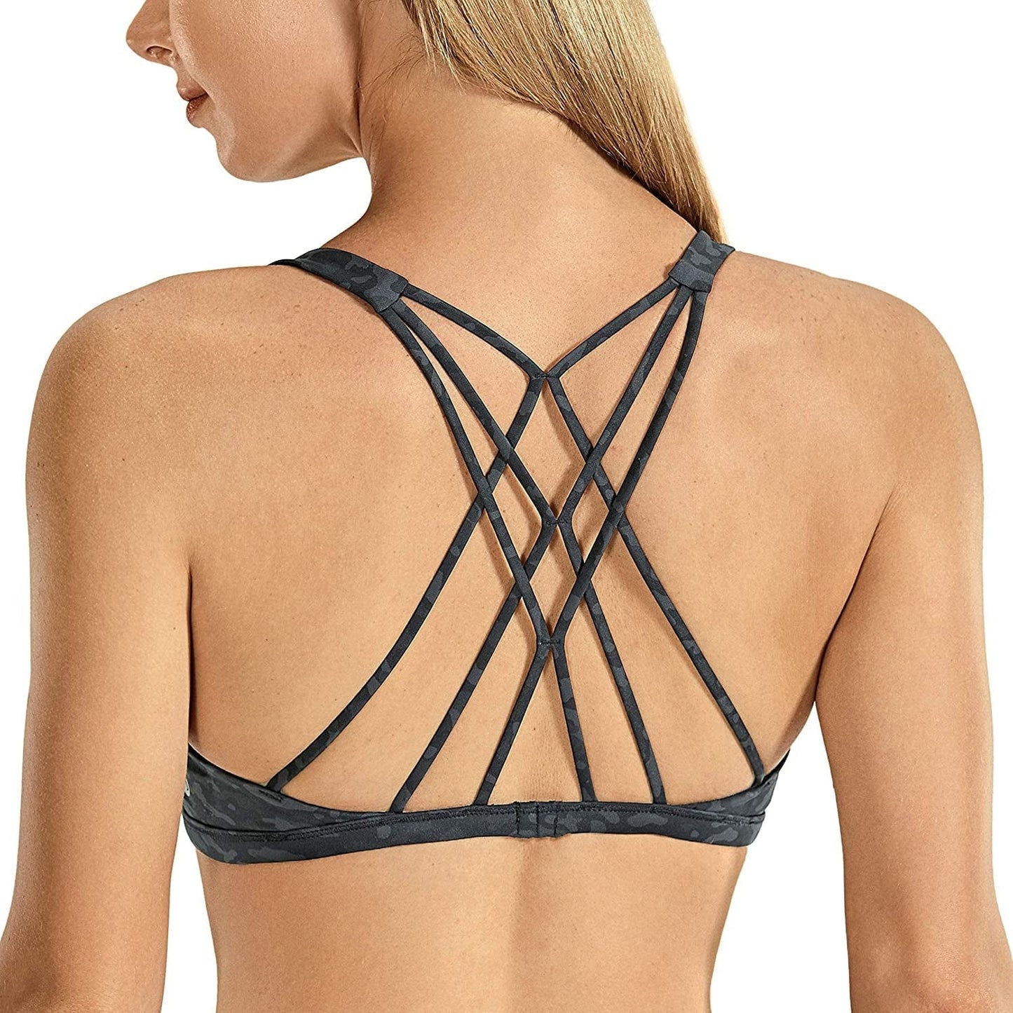 CRZ YOGA Women'S Strappy Sports Bra - Criss Cross Back Padded Low Impact Sexy Cute Workout Yoga Bra Leopard Multi 2 / Small