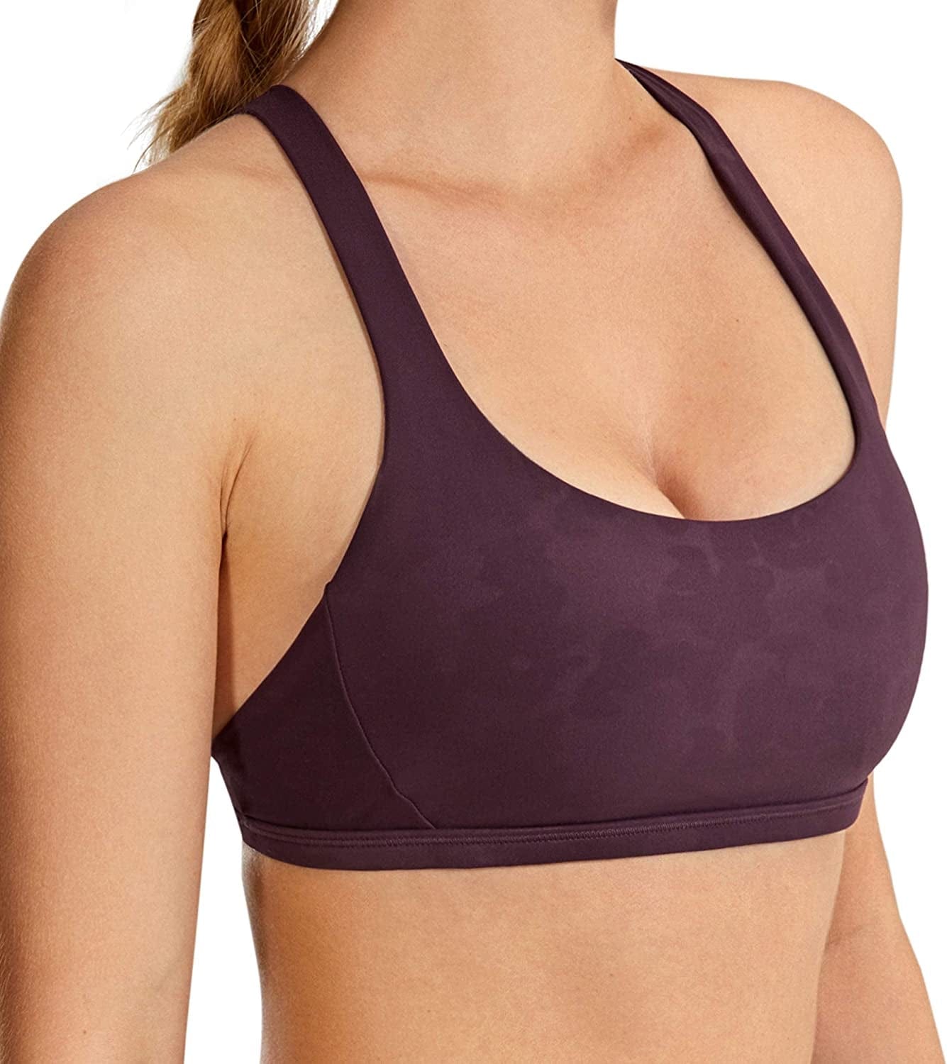 CRZ YOGA Women'S Strappy Sports Bra - Criss Cross Back Padded Low Impact Sexy Cute Workout Yoga Bra Camouflage -Darkrusset / Large