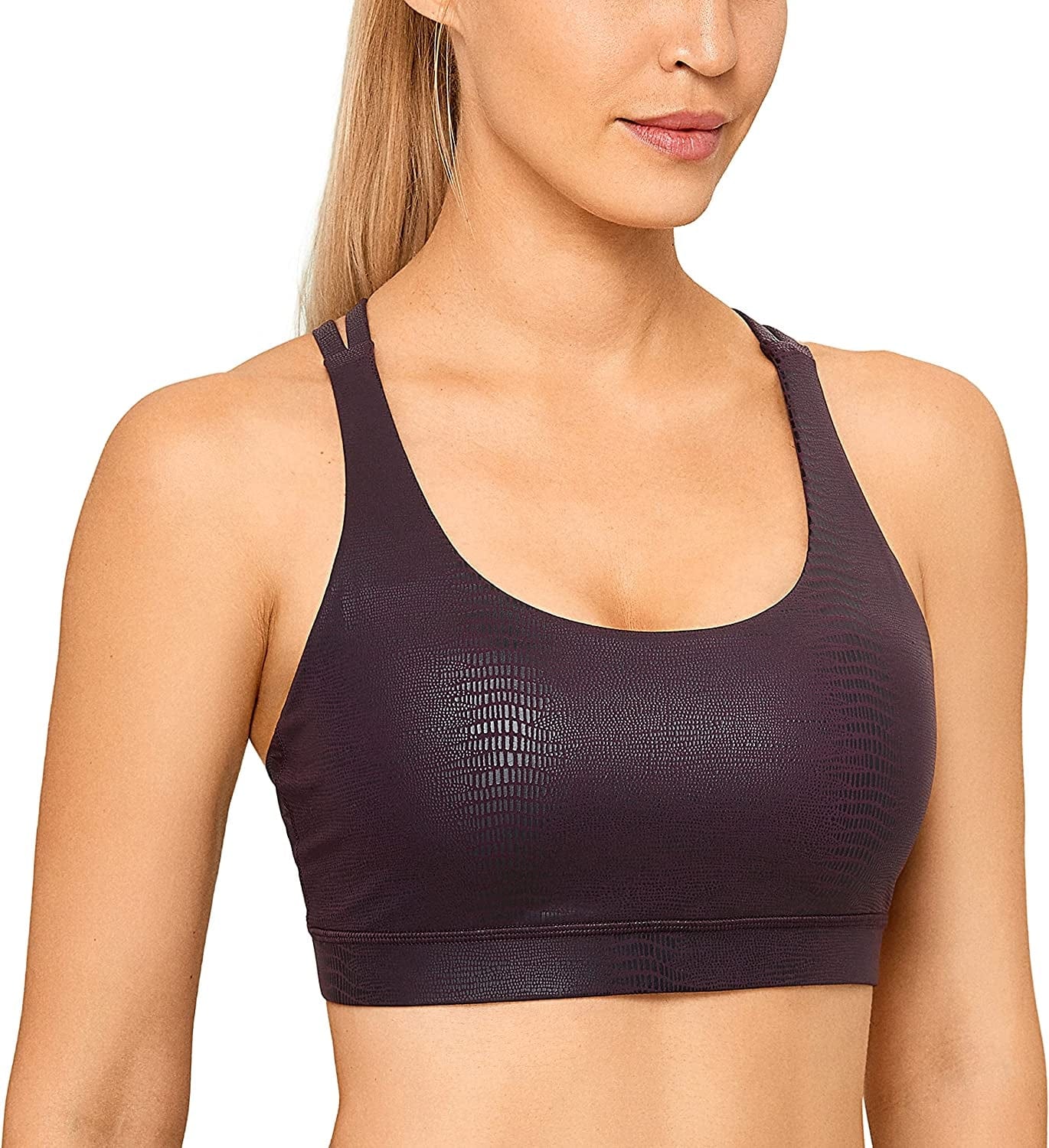 CRZ YOGA Women'S Strappy Sports Bras Fitness Workout Padded Yoga Bra Criss Cross Back Faux Leather Dark Russet Lizard / Medium