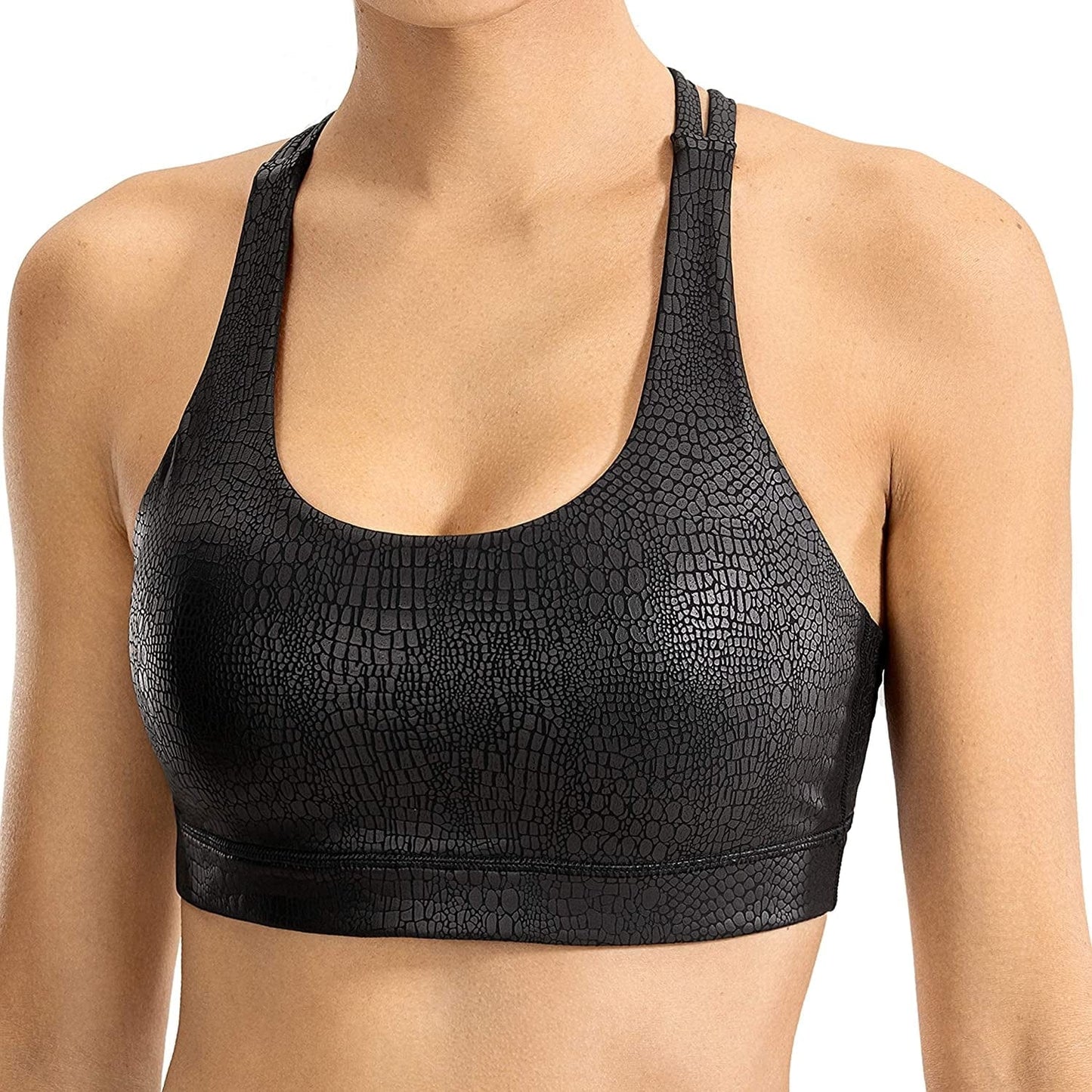 CRZ YOGA Women'S Strappy Sports Bras Fitness Workout Padded Yoga Bra Criss Cross Back Faux Leather Black Crocodile / Medium