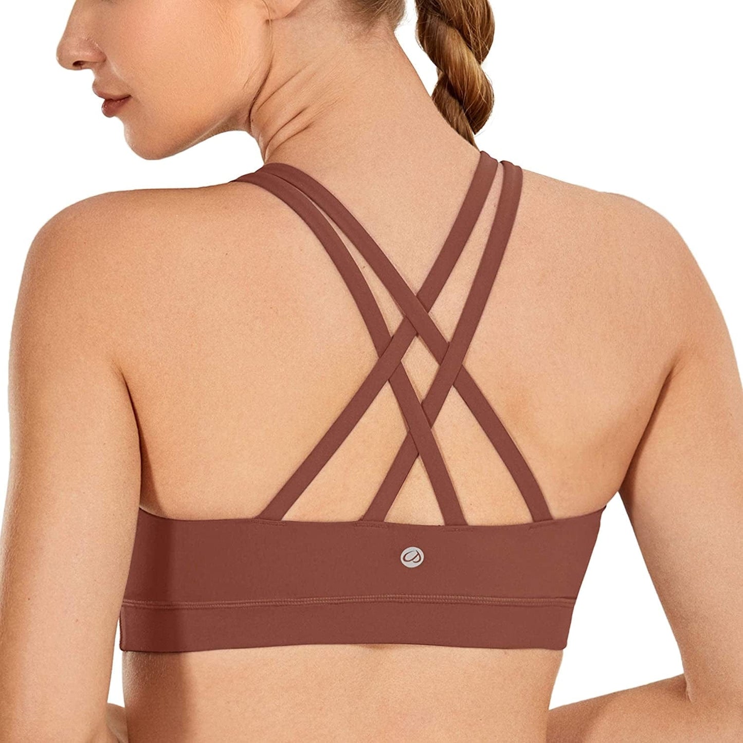 CRZ YOGA Women'S Strappy Sports Bras Fitness Workout Padded Yoga Bra Criss Cross Back The Cognac Brown / X-Small