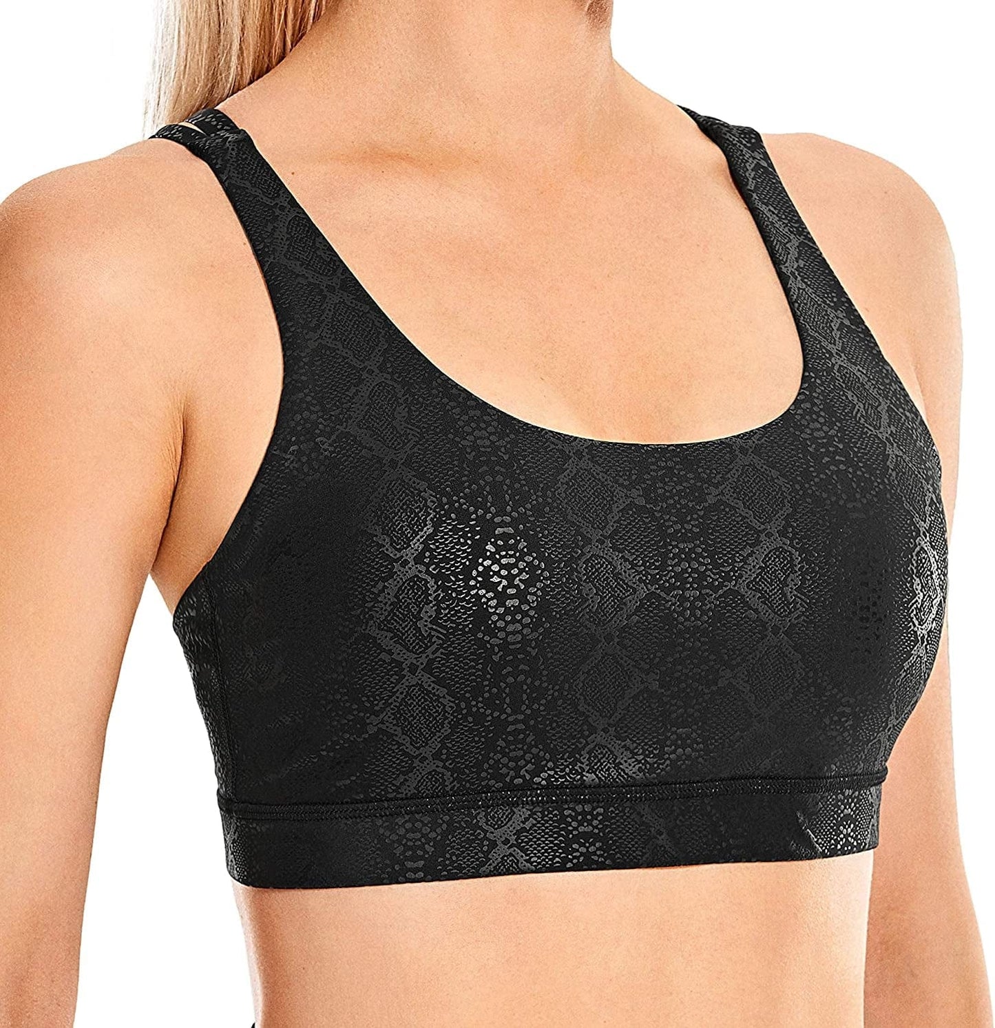 CRZ YOGA Women'S Strappy Sports Bras Fitness Workout Padded Yoga Bra Criss Cross Back Faux Leather Black Snake / X-Small