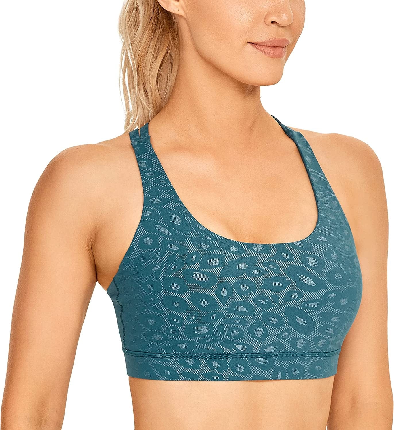CRZ YOGA Women'S Strappy Sports Bras Fitness Workout Padded Yoga Bra Criss Cross Back Faux Leather Leopard Paris Green / X-Small