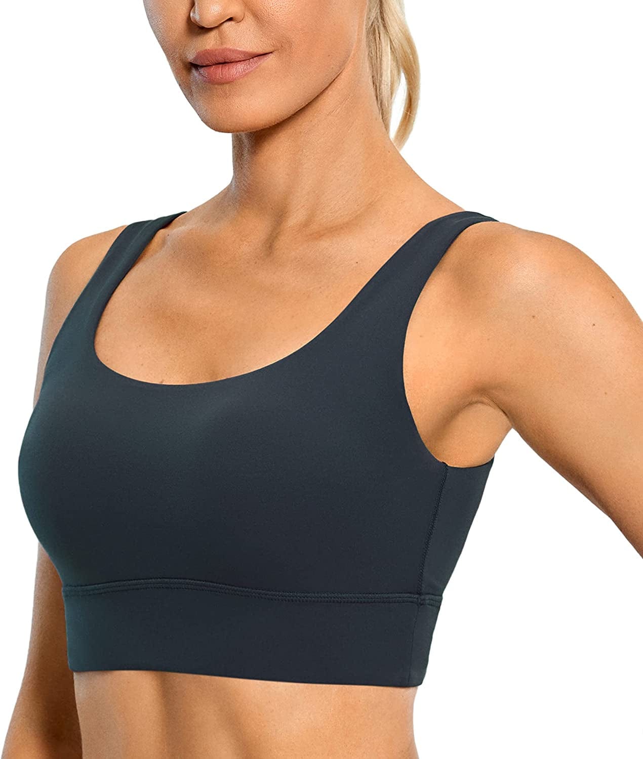 CRZ YOGA Womens Butterluxe U Back Sports Bra - Scoop Neck Padded Low Impact Workout Yoga Bra with Built in Bra True Navy / Large
