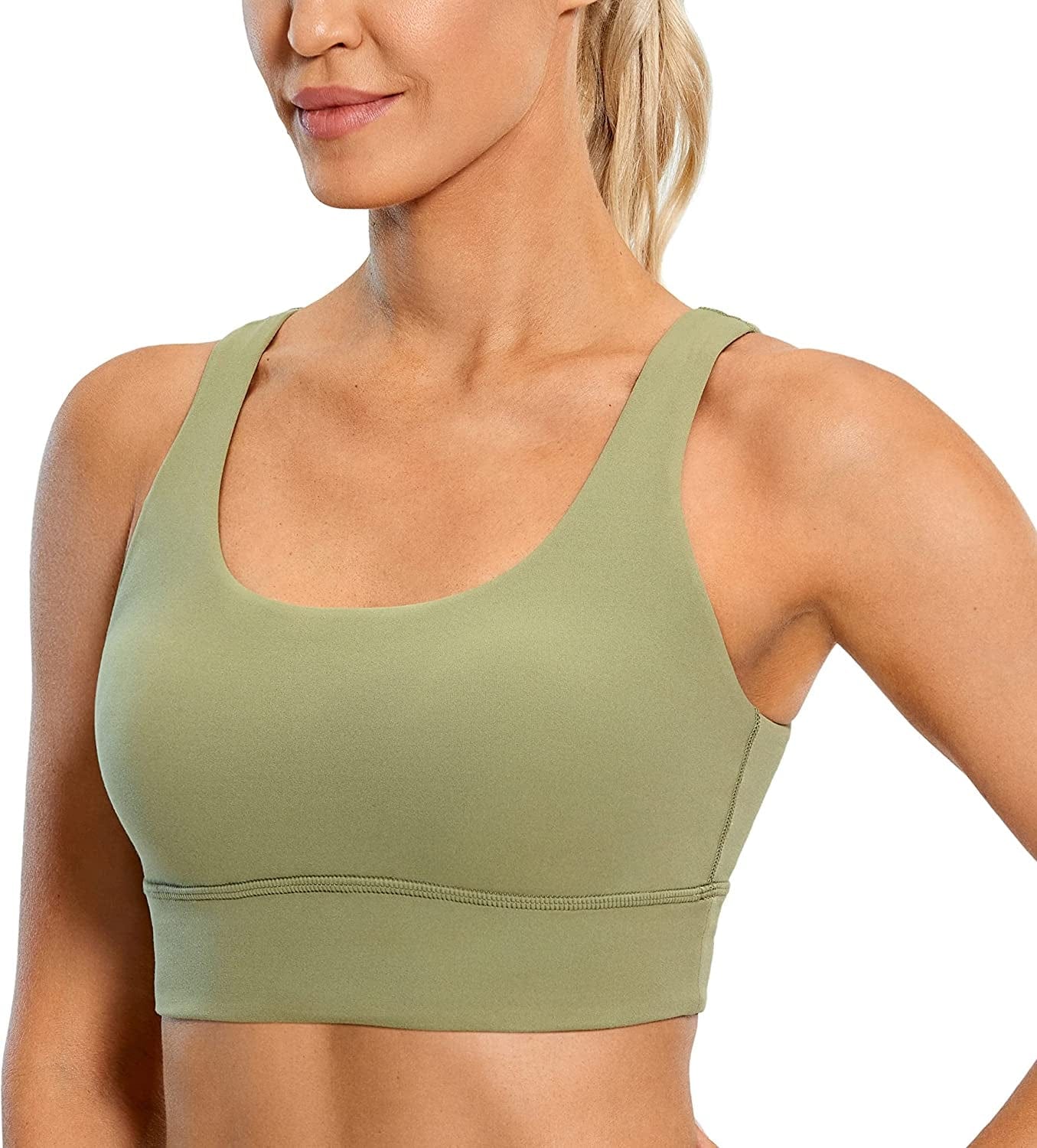 CRZ YOGA Womens Butterluxe U Back Sports Bra - Scoop Neck Padded Low Impact Workout Yoga Bra with Built in Bra Moss Green / Medium