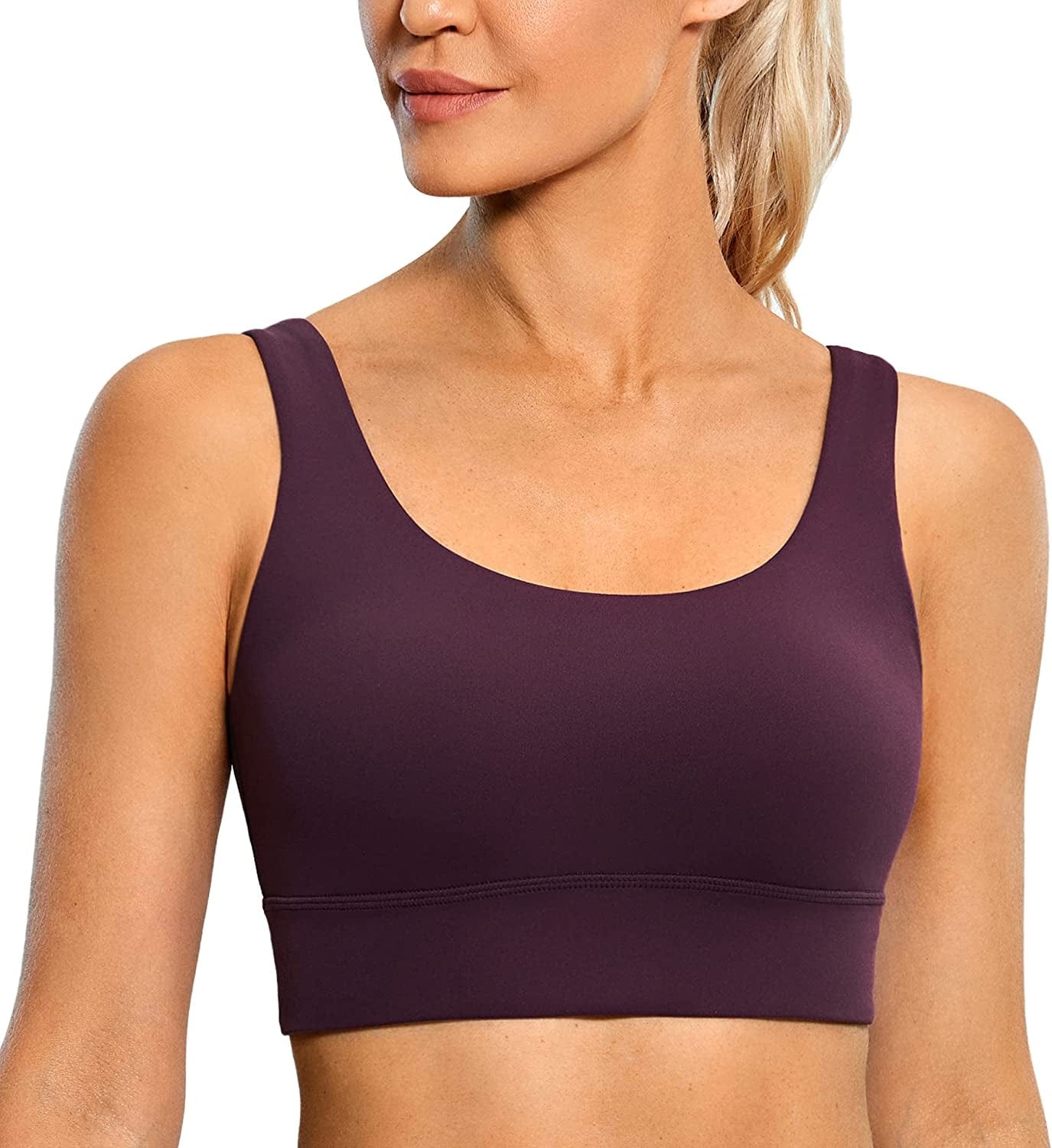 CRZ YOGA Womens Butterluxe U Back Sports Bra - Scoop Neck Padded Low Impact Workout Yoga Bra with Built in Bra Deep Purple / Small