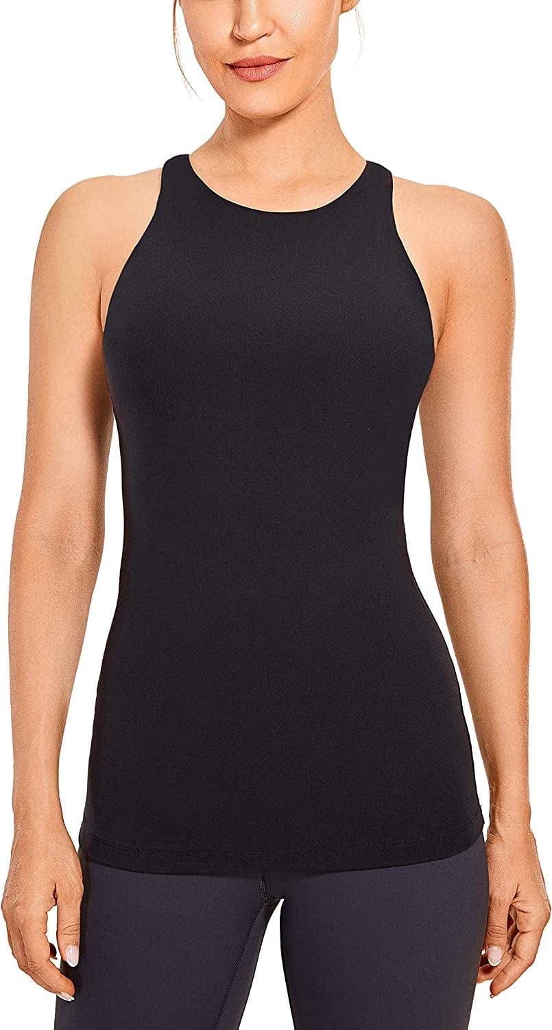 CRZ YOGA Womens High Neck Workout Tank Tops - with Built-In Shelf Bra Racerback Athletic Sports Shirts Black / X-Small