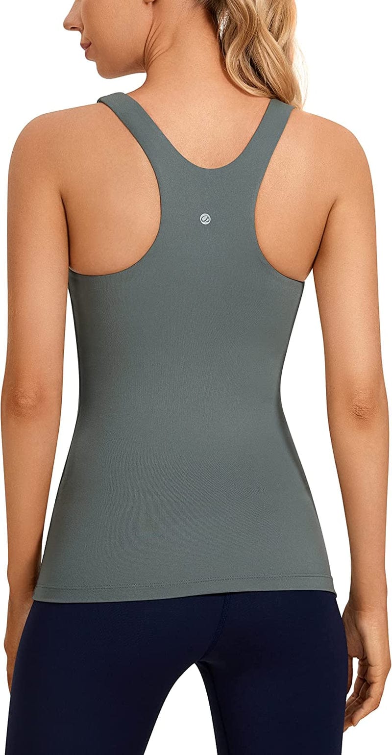 CRZ YOGA Womens High Neck Workout Tank Tops - with Built-In Shelf Bra Racerback Athletic Sports Shirts Grey Sage / Medium
