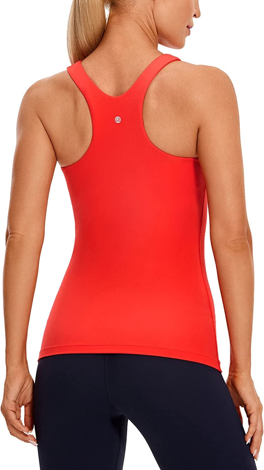 CRZ YOGA Womens High Neck Workout Tank Tops - with Built-In Shelf Bra Racerback Athletic Sports Shirts Dark Red / Medium