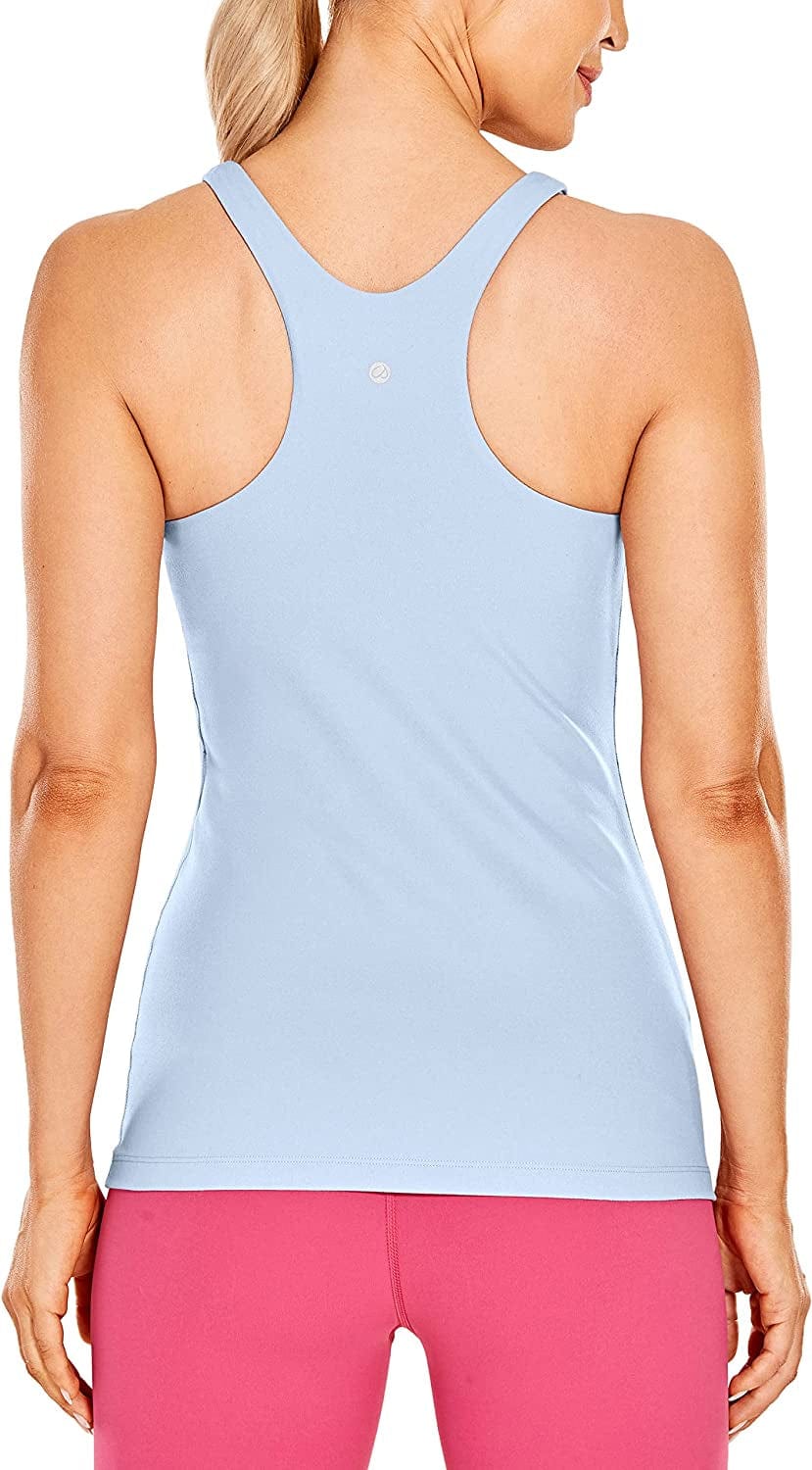 CRZ YOGA Womens High Neck Workout Tank Tops - with Built-In Shelf Bra Racerback Athletic Sports Shirts The Breeze Blue / Medium