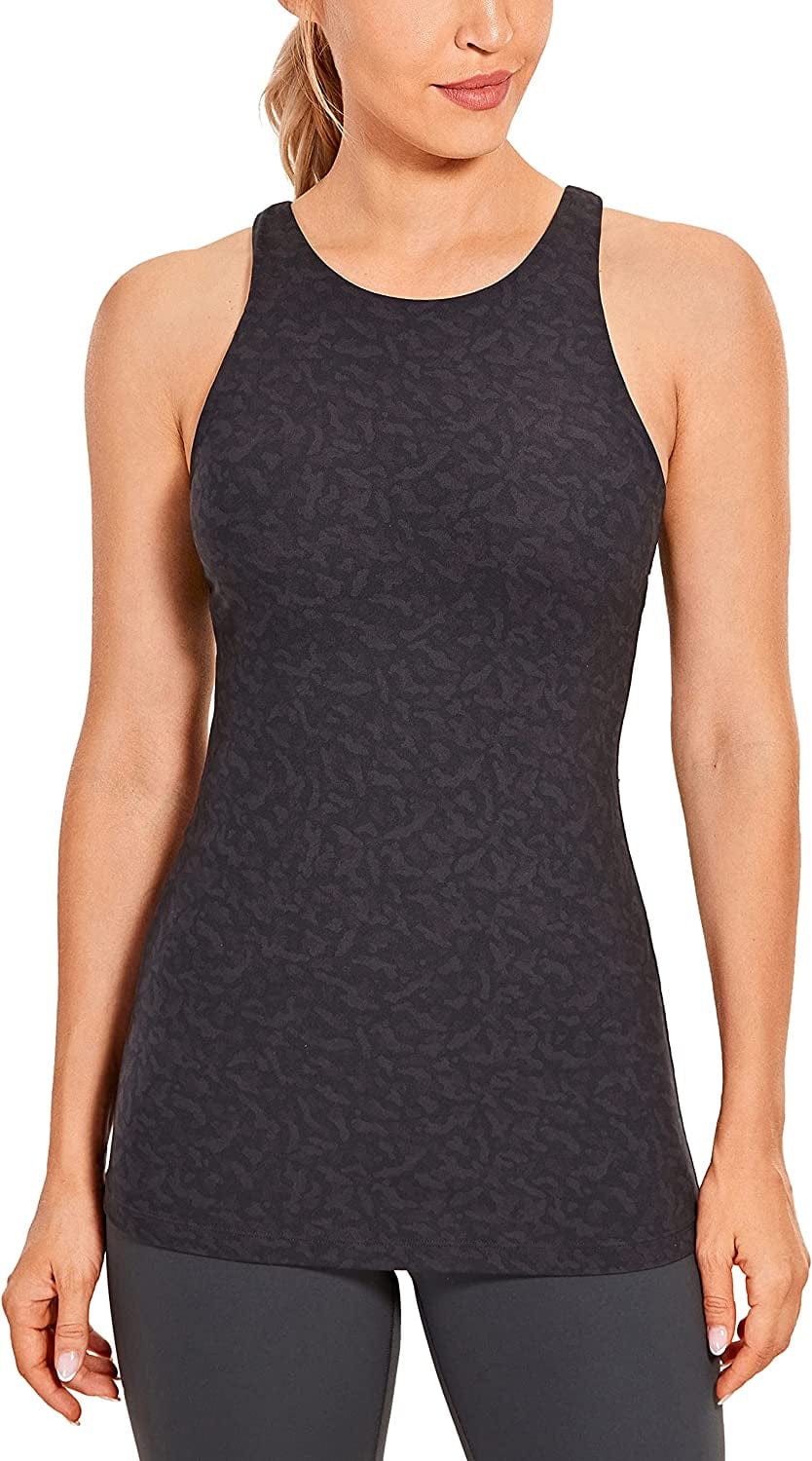 CRZ YOGA Womens High Neck Workout Tank Tops - with Built-In Shelf Bra Racerback Athletic Sports Shirts Olive Leopard Grain / X-Small