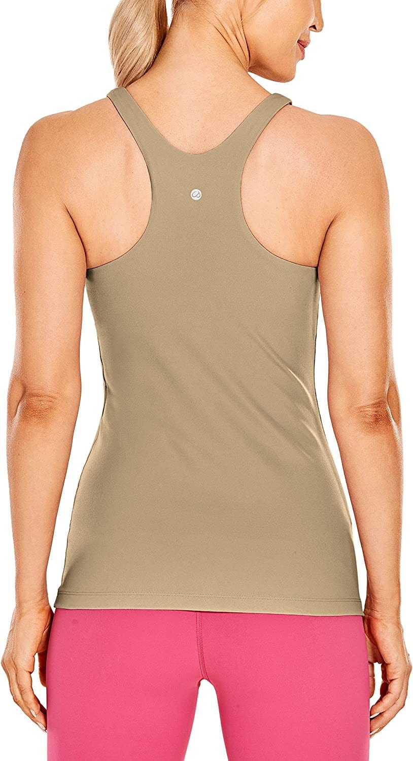 CRZ YOGA Womens High Neck Workout Tank Tops - with Built-In Shelf Bra Racerback Athletic Sports Shirts Khaki Fog / X-Large