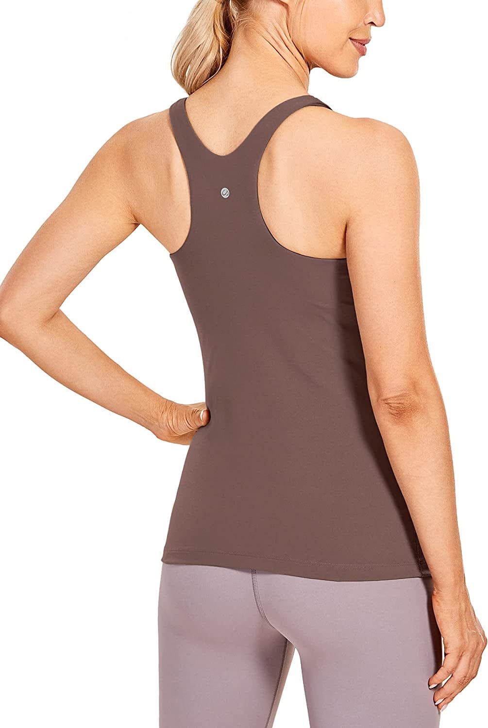 CRZ YOGA Womens High Neck Workout Tank Tops - with Built-In Shelf Bra Racerback Athletic Sports Shirts Purple Taupe / Medium