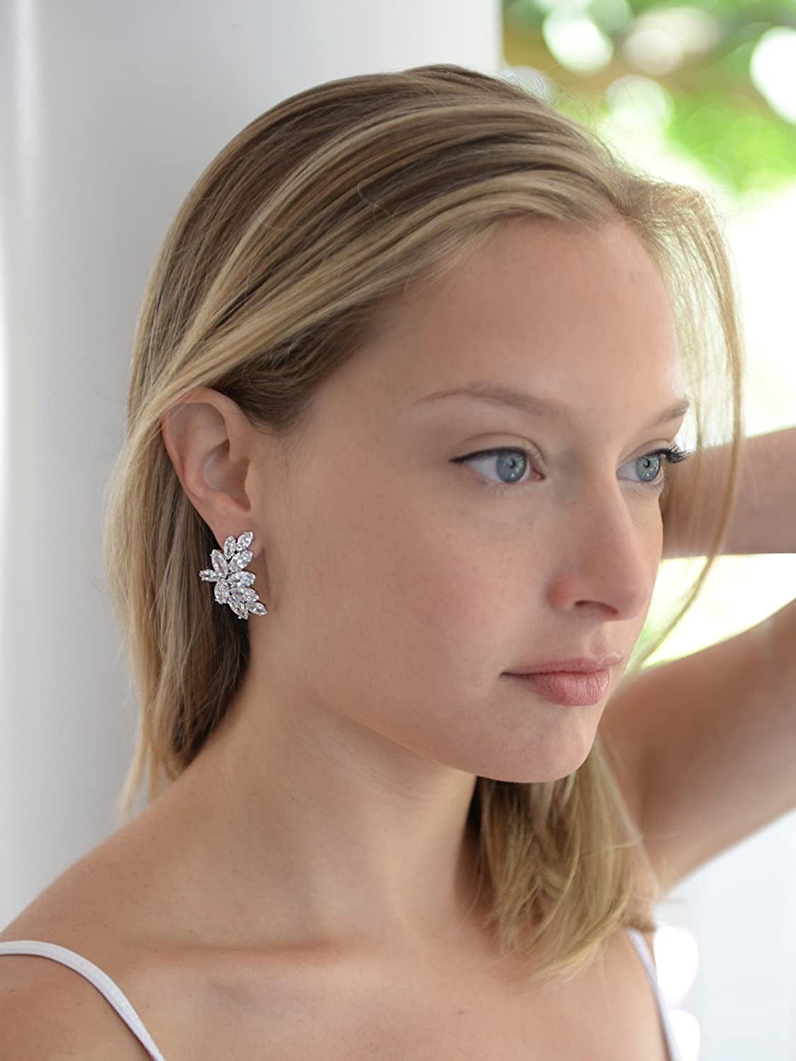 Cubic Zirconia Cluster Bridal & Wedding Earrings, Earring for Bride, Silver CZ Earring for Women