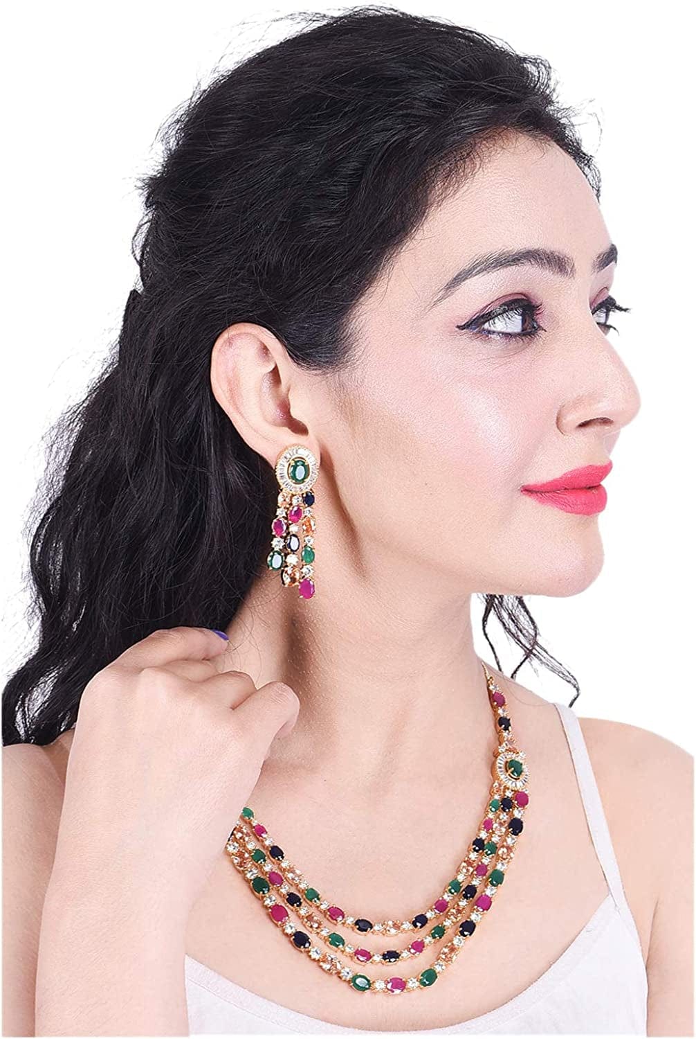 Cubic Zirconia Gorgeous Wedding Bridal Multi Strand Necklace Dangle Earrings Jewelry Set