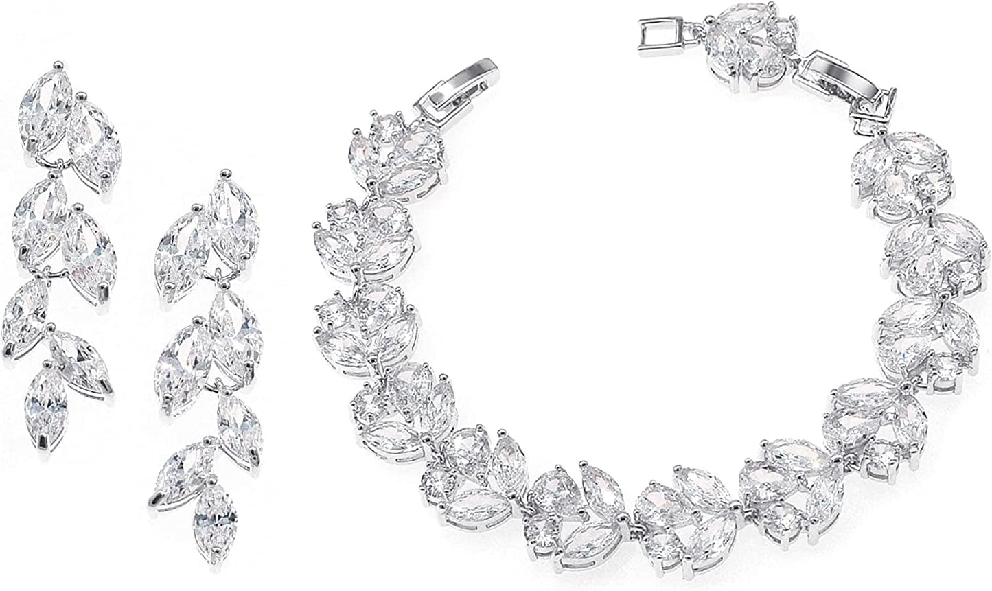 Cubic Zirconia Leafs Earrings Bracelet Jewelry Set for Bridal Bridesmaid Wedding Prom White Gold