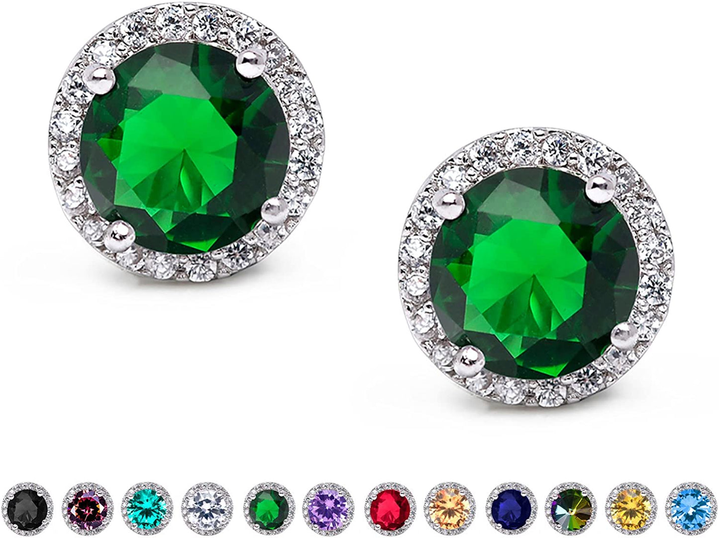 Cubic Zirconia Stud Earrings, 8Mm round Cut, Rhinestone Hypoallergenic Earrings for Women & Girls 08.Emerald
