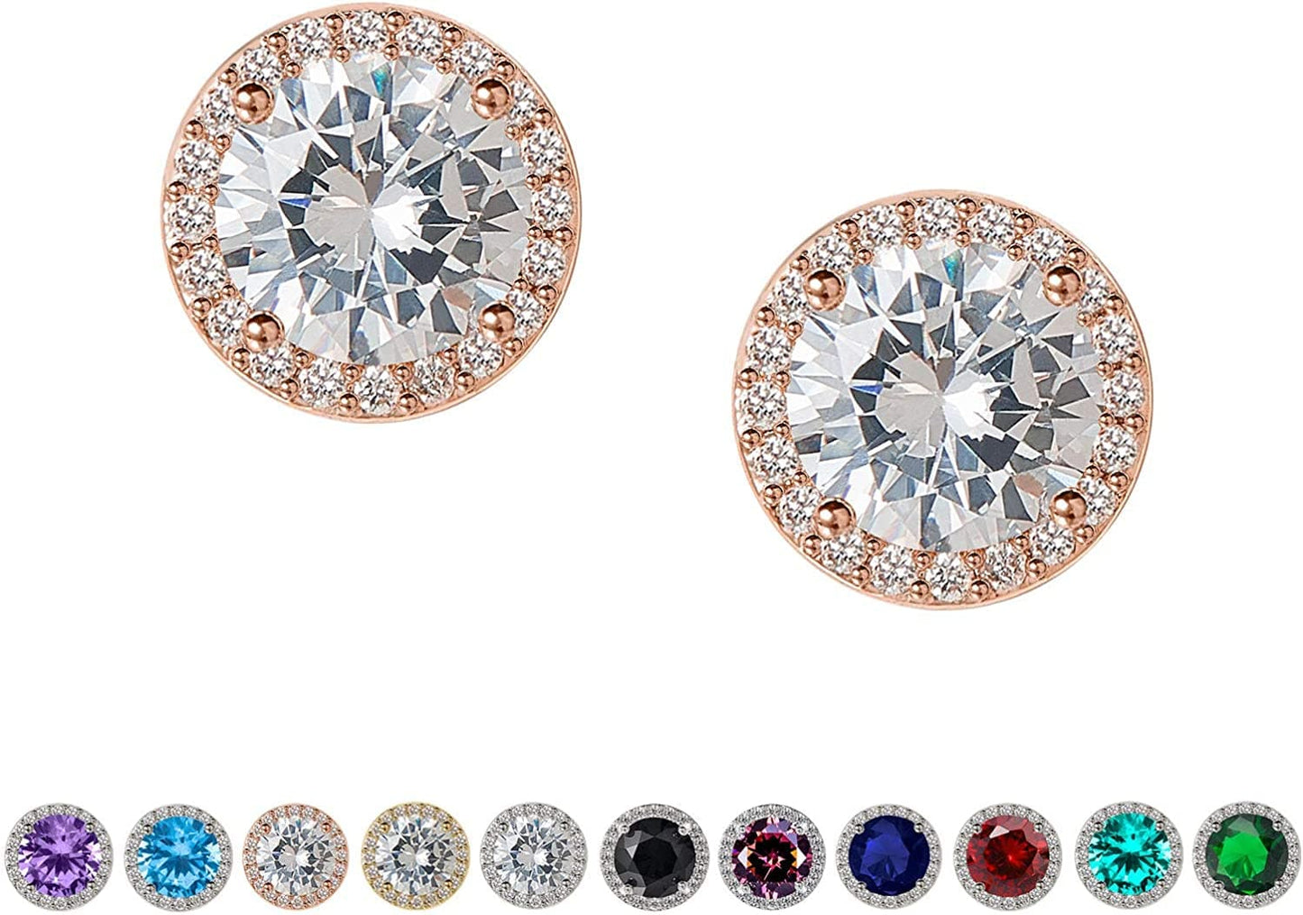 Cubic Zirconia Stud Earrings, 8Mm round Cut, Rhinestone Hypoallergenic Earrings for Women & Girls 02.Rose Gold