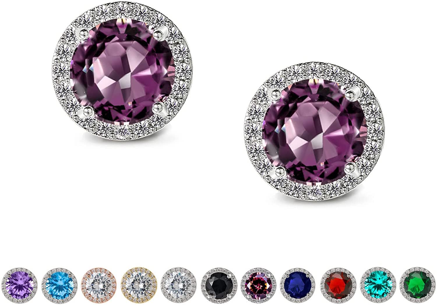Cubic Zirconia Stud Earrings, 8Mm round Cut, Rhinestone Hypoallergenic Earrings for Women & Girls 10.Purple