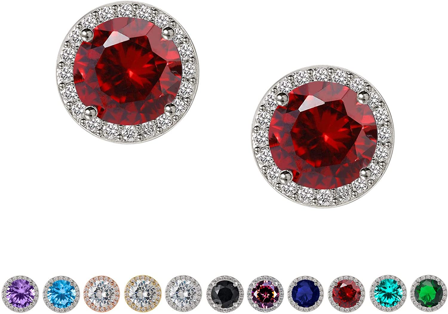 Cubic Zirconia Stud Earrings, 8Mm round Cut, Rhinestone Hypoallergenic Earrings for Women & Girls 05.Ruby