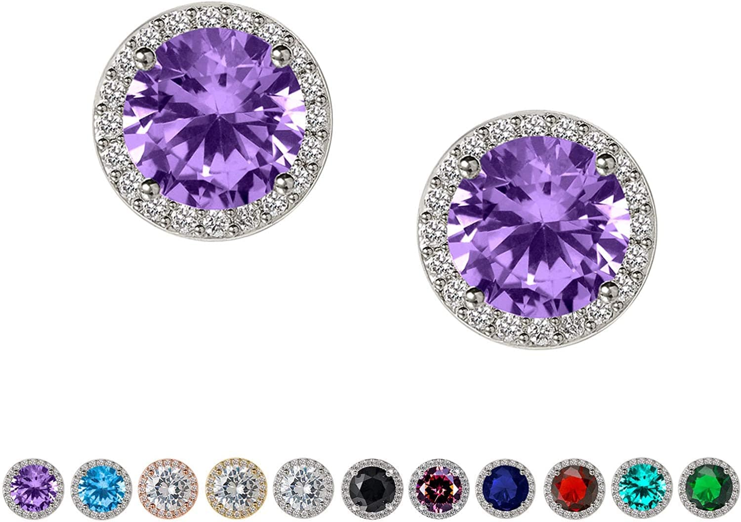 Cubic Zirconia Stud Earrings, 8Mm round Cut, Rhinestone Hypoallergenic Earrings for Women & Girls 09.Violet