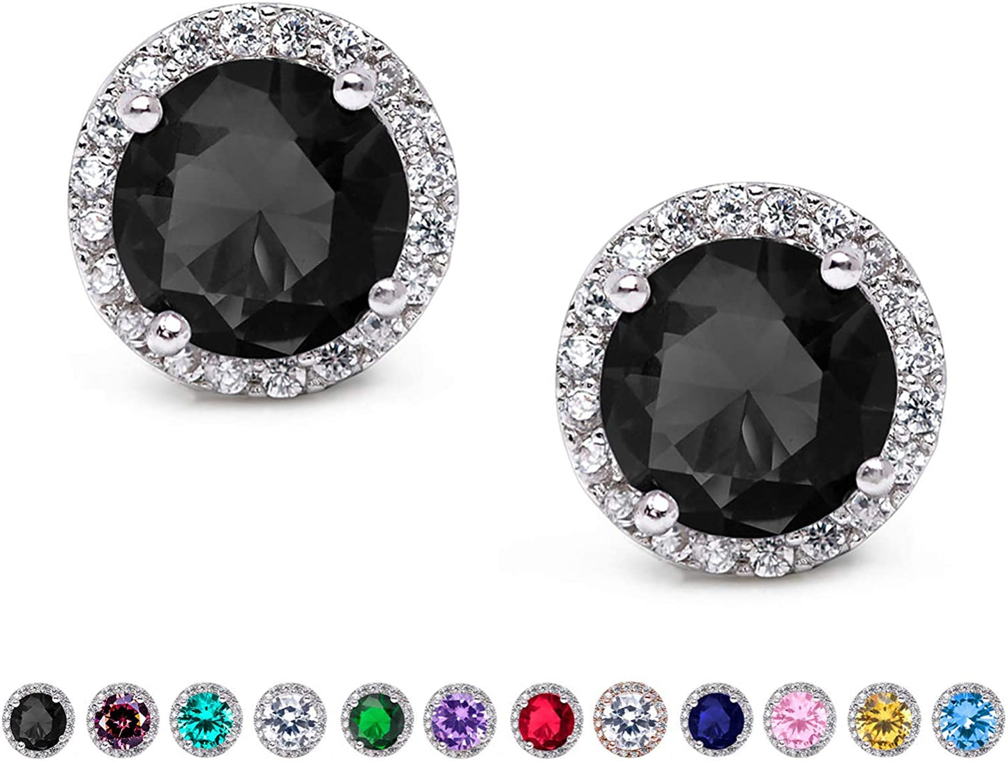 Cubic Zirconia Stud Earrings, 8Mm round Cut, Rhinestone Hypoallergenic Earrings for Women & Girls 03.Black