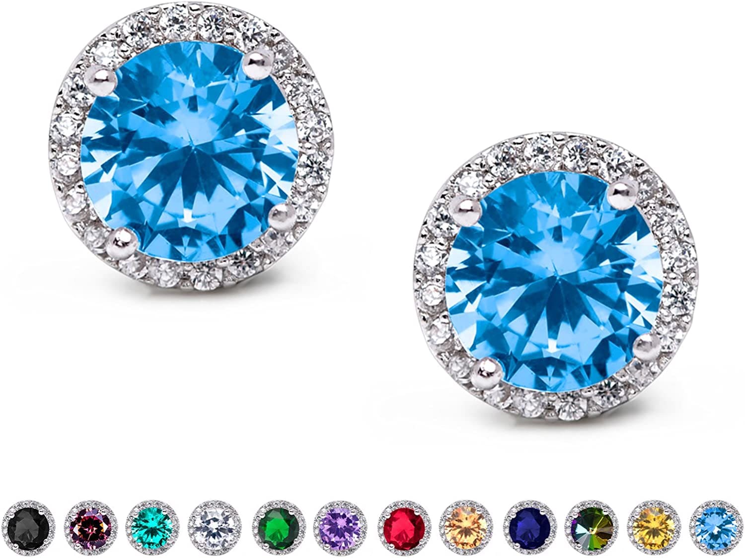 Cubic Zirconia Stud Earrings, 8Mm round Cut, Rhinestone Hypoallergenic Earrings for Women & Girls 11.Lake Blue