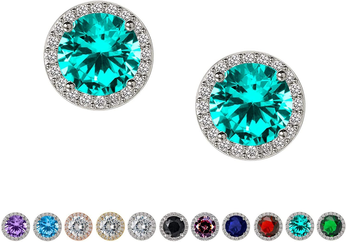Cubic Zirconia Stud Earrings, 8Mm round Cut, Rhinestone Hypoallergenic Earrings for Women & Girls 12.Cyan