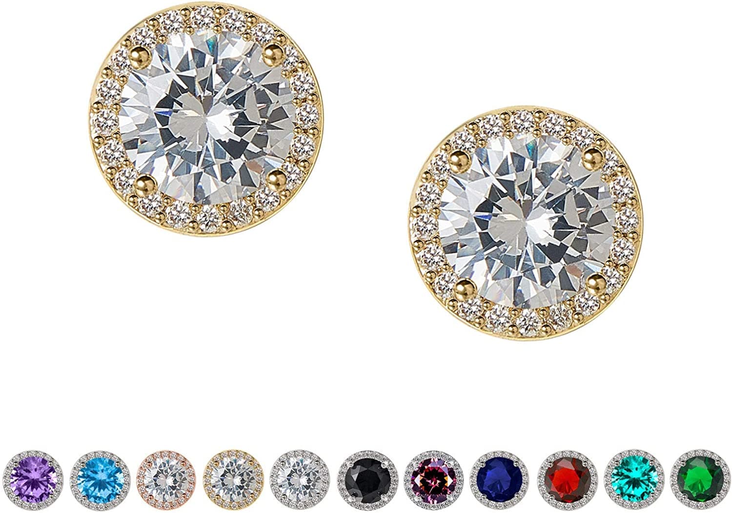 Cubic Zirconia Stud Earrings, 8Mm round Cut, Rhinestone Hypoallergenic Earrings for Women & Girls 04.Gold