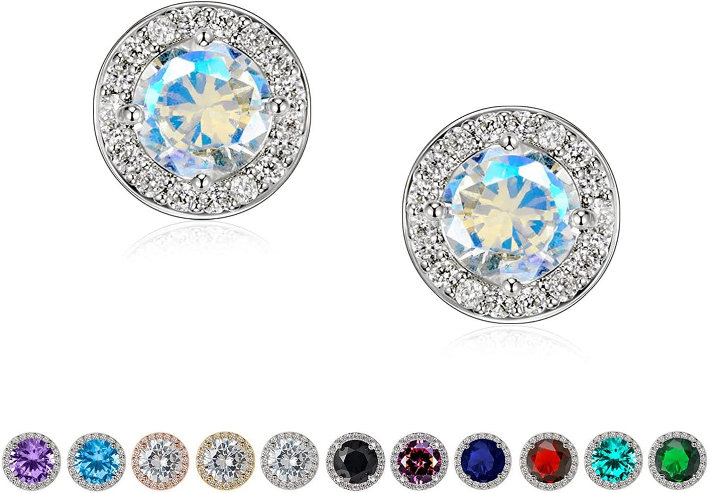 Cubic Zirconia Stud Earrings, 8Mm round Cut, Rhinestone Hypoallergenic Earrings for Women & Girls 07.Aurora Borealis