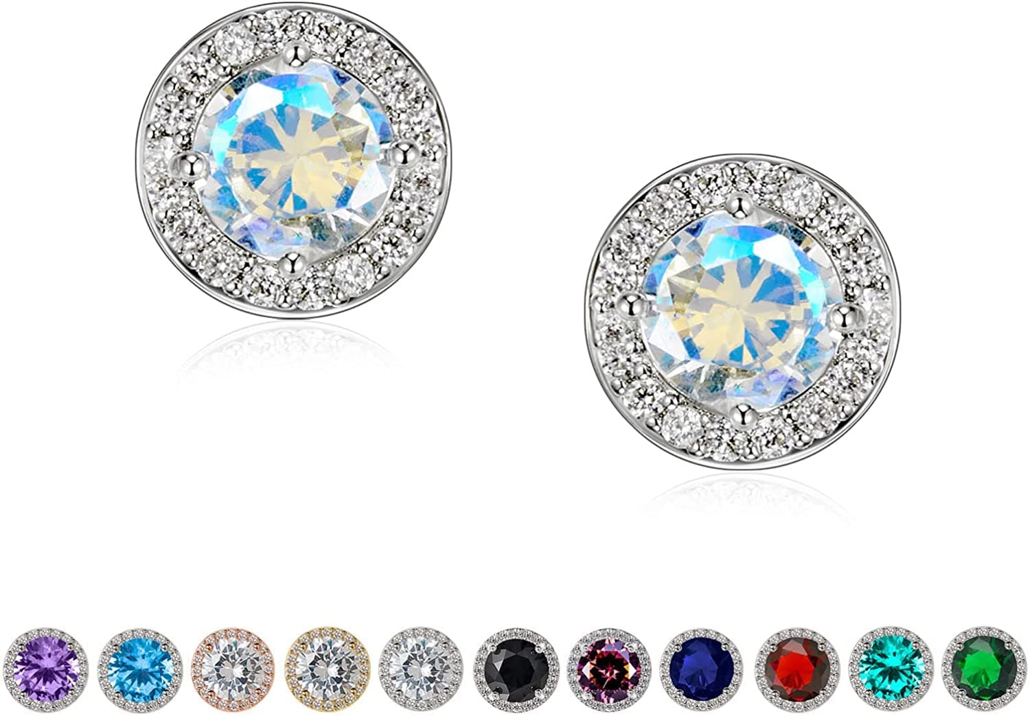 Cubic Zirconia Stud Earrings, 8Mm round Cut, Rhinestone Hypoallergenic Earrings for Women & Girls 07.Aurora Borealis